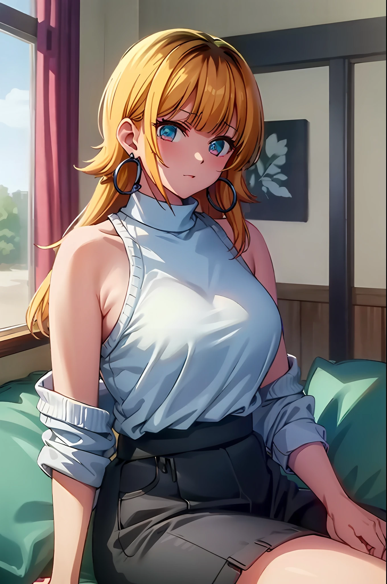 ​masterpiece, hightquality, Hi-Res, MEMcho, Indoors, cowboy  shot, Black skirt, The shirt, off shoulders, off-the-shoulder sweater, (Light blue sweater:1.2), sleeveless shirts, High Neck Sleeveless Shirt, Black shirt, Sweaters, Sweater sleeve wrist too much, sitting on, hoop earrings,animesque、a blond、only the head is black,、4K