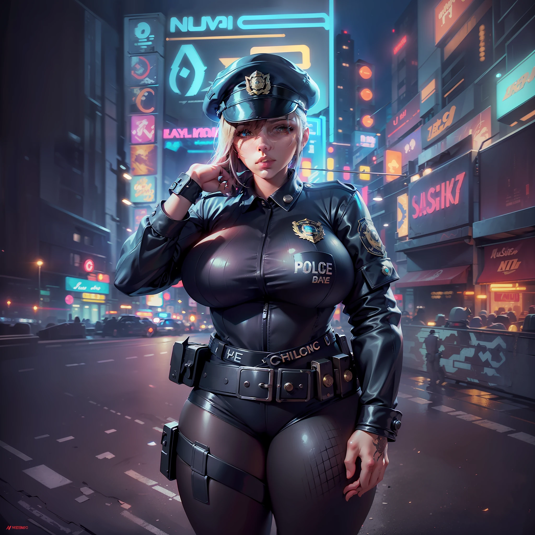 looking at viewer, police outfit, police hat, thick thighs, large breasts, sagging breasts, angled view, hands behind head, (masterpiece), (best quality:1.2), absurdres, intricate details, city, night, neon signs, cinematic lighting, (highly detailed skin:1.2)