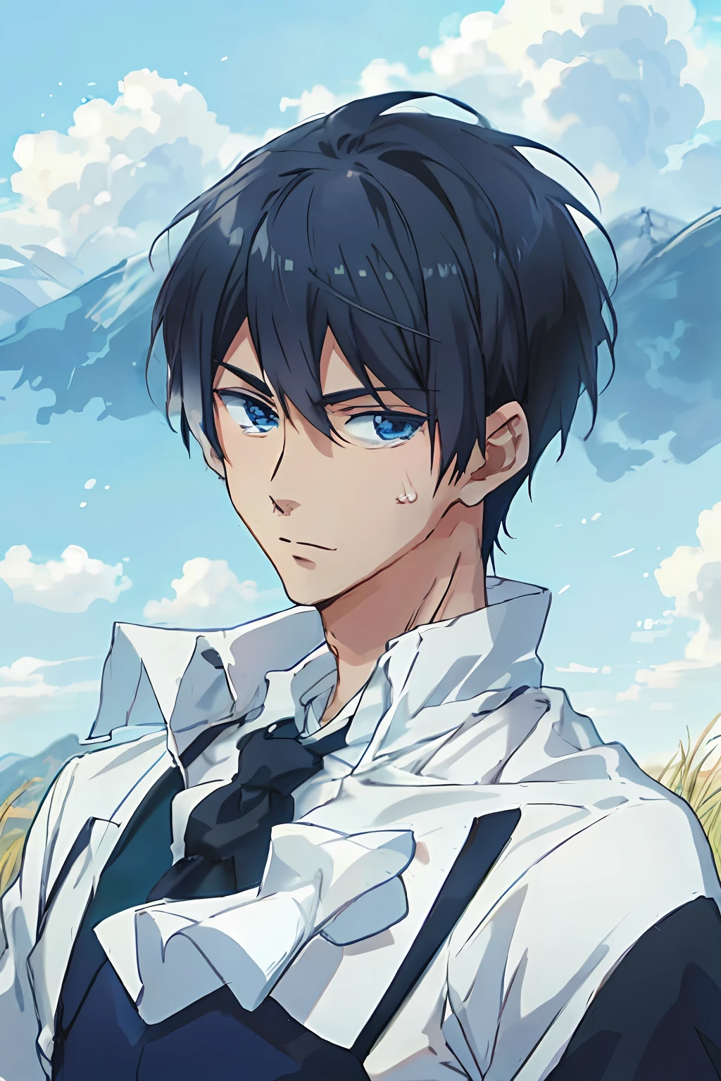 Close-up of a person standing in a field with mountains as a background, Tall anime guy with blue eyes, Handsome anime pose, young anime man, Anime boy, High quality anime art style, Anime handsome man, in an anime style, Male anime style, laughing sweetly, Anime style portrait, a beautiful anime portrait, Anime moe art style, clean and meticulous anime style，Sweat on the face，White color blouse，He wore only a white shirt