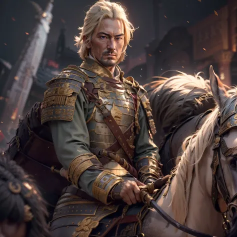 General, mature man, delicate face, blond hair, Commander's uniform, medals, shoulder bridge, weapons: curved sword, horseback r...