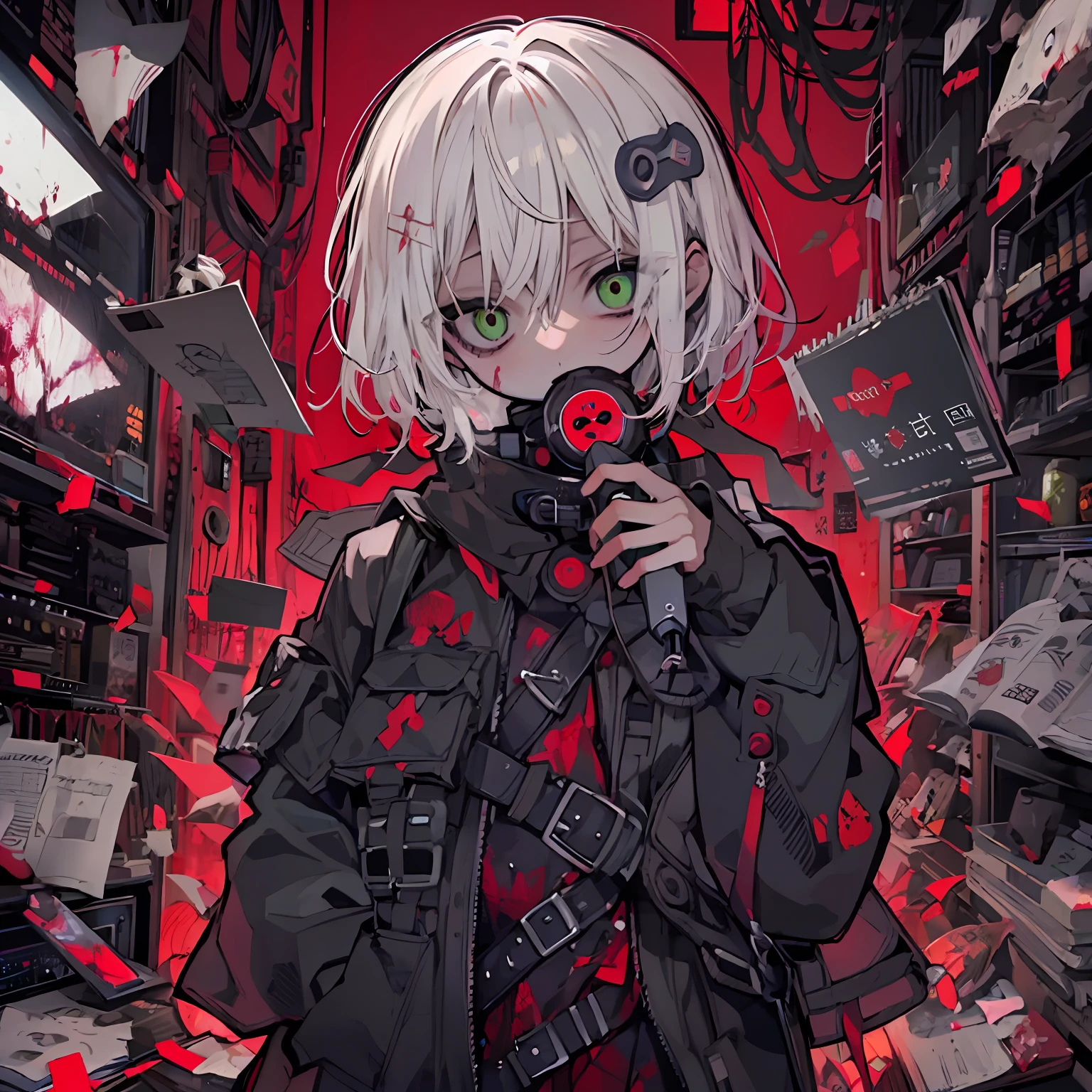 {{{{masterpiece}}}},{{best quality}},{{official art}},{{extremely detailed cg unity 8k wallpaper}},{{{artbook}}},1girl,very short hair,deep green eyes,black clothes,dark theme,{{{white hair}}},{{white skin}},horror,illustration,hear microphone,glass shards,no clothes,horror background,solo,looking away,full body,red theme background,bloody space,blood scape,mako eyes,small chest,red and black theme,rotting skin