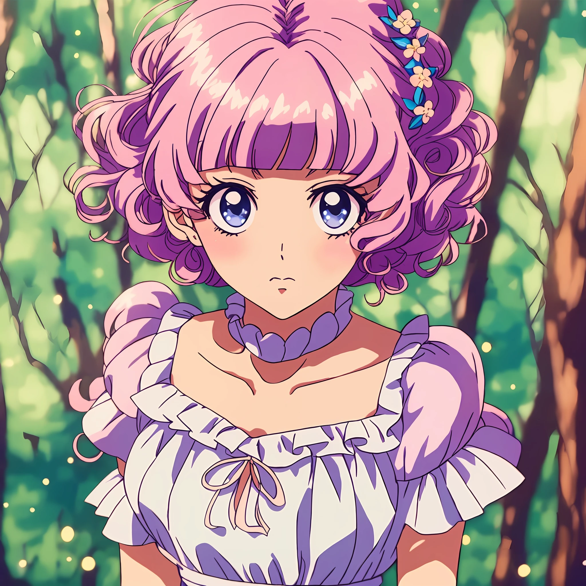 1 princess，Thick curls，(Beautiful dress)，pretty eyes, Bob cut，Blunt bangs，Blush，Bushy hair，pastelcolor，Retro anime，1990s anime，tmasterpiece，Best quality