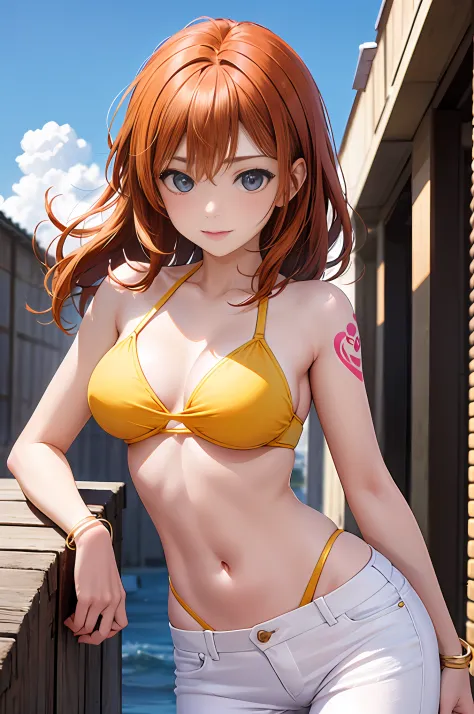 (((masterpiece+best quality+high resolution+ultra-detailed))), kousaka honoka,1girl with clima-tact, high nose, sharp eyes, noble and inviolable temperament, (([female]: 1.2 + [beauty]: 1.2 + orange hair: 1.2)), pirate ship background, blue sky, clouds, lo...