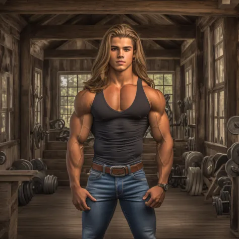 An 18-year-old boy bodybuilder, embodying the perfect fusion of Joey Lawrence and Cody Calafiore with long hair, exuding an aura...