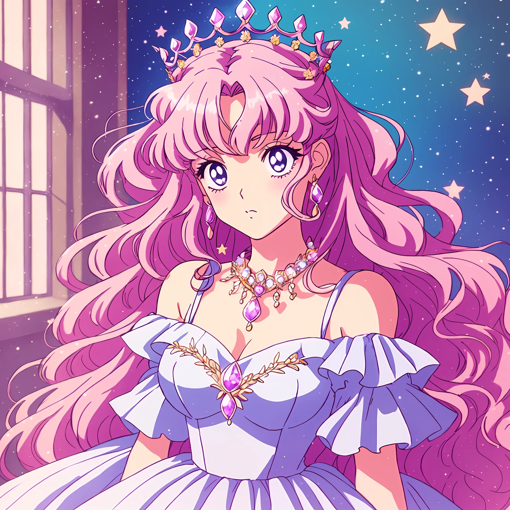 1 Princess，Thick curls、cabellos largos dorados，(Beautiful dress、tiara crown、jewelry)，pretty eyes，Blush，Bushy hair，pastelcolor，Retro anime，1990s anime，tmasterpiece，Best quality