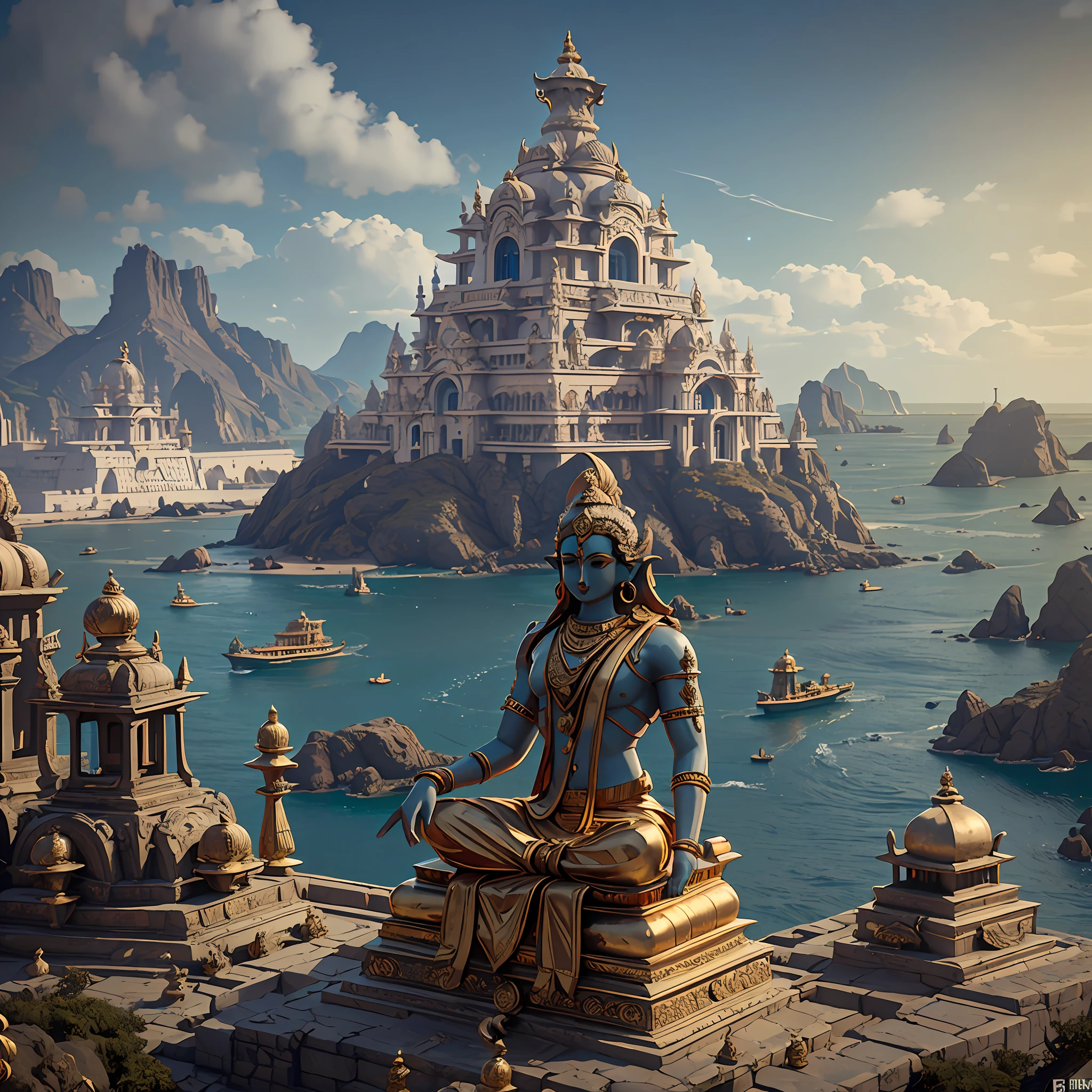 Lord vishnu,Hindi God,Lord Krishna watching the ancient city from mountain,Ancient Indian City Civilization with Grid system, Indian Style Temple n  Dozens Majestic Houses made of gold metals and shiny diamonds across the area,Unreal engine 5,by the sea shore, Cinematic,8k, Magical, Mysterious,Hindu mythology city,Dwarka