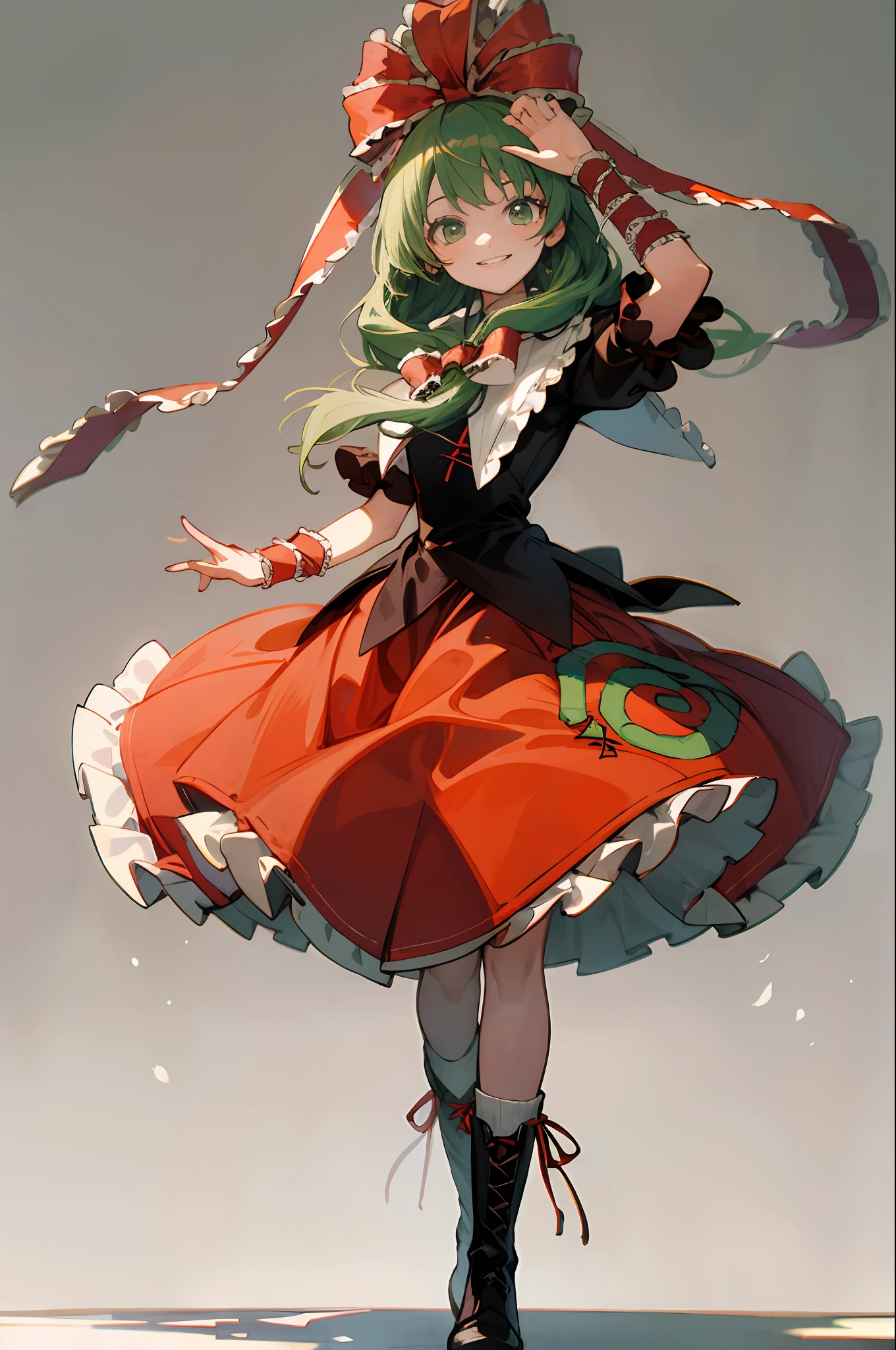 masterpiece, bestquality,  1girls,Kagiyama Hina, a green hair, green eyes, Front horsetail, dress, ribbons, boots, Red Dresses, frills, hair ribbons, Arm ribbon, short sleeves, long-haired, bow, Hair Bow, grey background, looking at the audience, puffy sleeves, puffy short sleeves, smile, simple background, Red Ribbon, Pleated ribbon, (KBXLL:0.6) , cowboy shot, Lively images, best shadows, best light