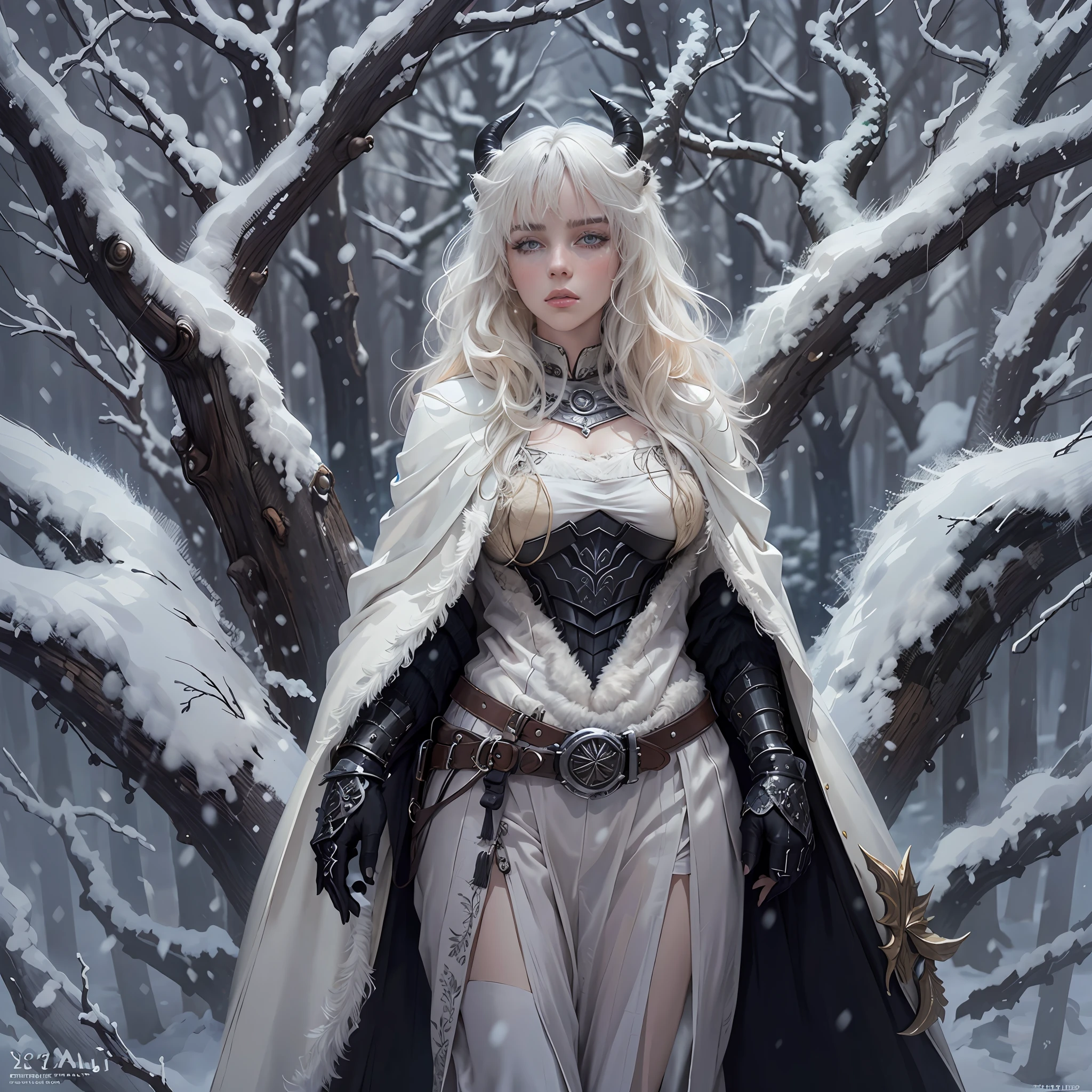 (masterpiece, top quality, best quality, official art, detailed:1.2), billieeilishW3, 1woman, solo, perfectly detailed face, highly detailed eyes, perfect hands, long white wavy hair with 2 symmetrical black ram horns and no bangs, outdoors, wearing full pleated armor, tree, fur trim cape in white, black gloves, snow, snowing, winter, walking and looking away with a hand on her belt, bare tree, flat chested and fully clothed with long sleeve medieval shirt and black trousers and armored shoulder pads