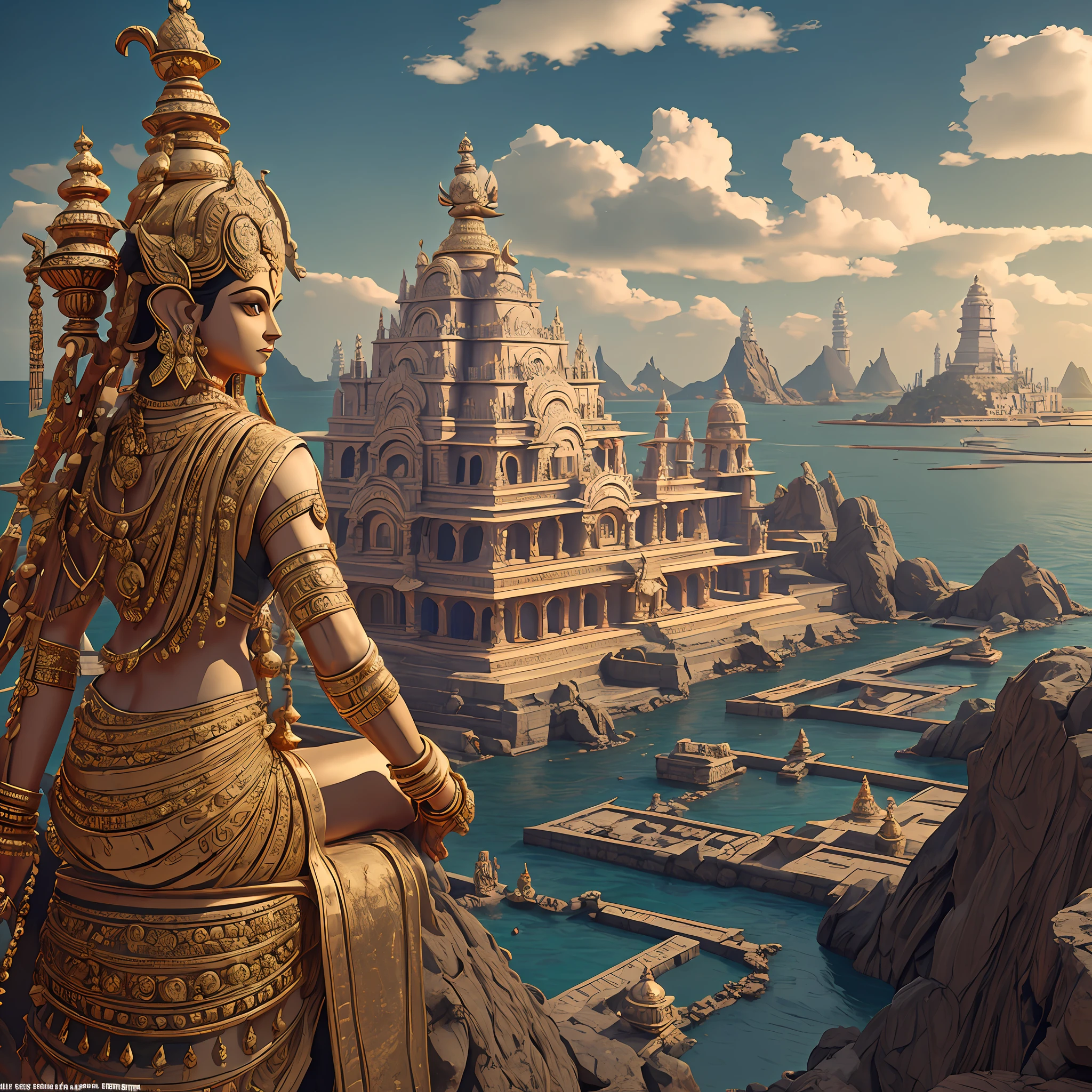 Lord vishnu,Hindi God,Lord Krishna watching the ancient city from mountain,Ancient Indian City Civilization with Grid system, Indian Style Temple n  Dozens Majestic Houses made of gold metals and shiny diamonds across the area,Unreal engine 5,by the sea shore, Cinematic,8k, Magical, Mysterious,Hindu mythology city,Dwarka