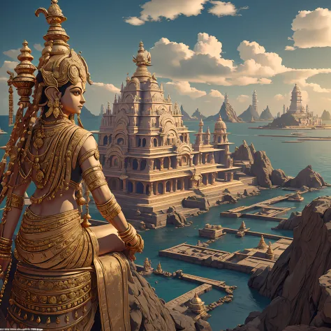 Lord vishnu,Hindi God,Lord Krishna watching the ancient city from mountain,Ancient Indian City Civilization with Grid system, In...