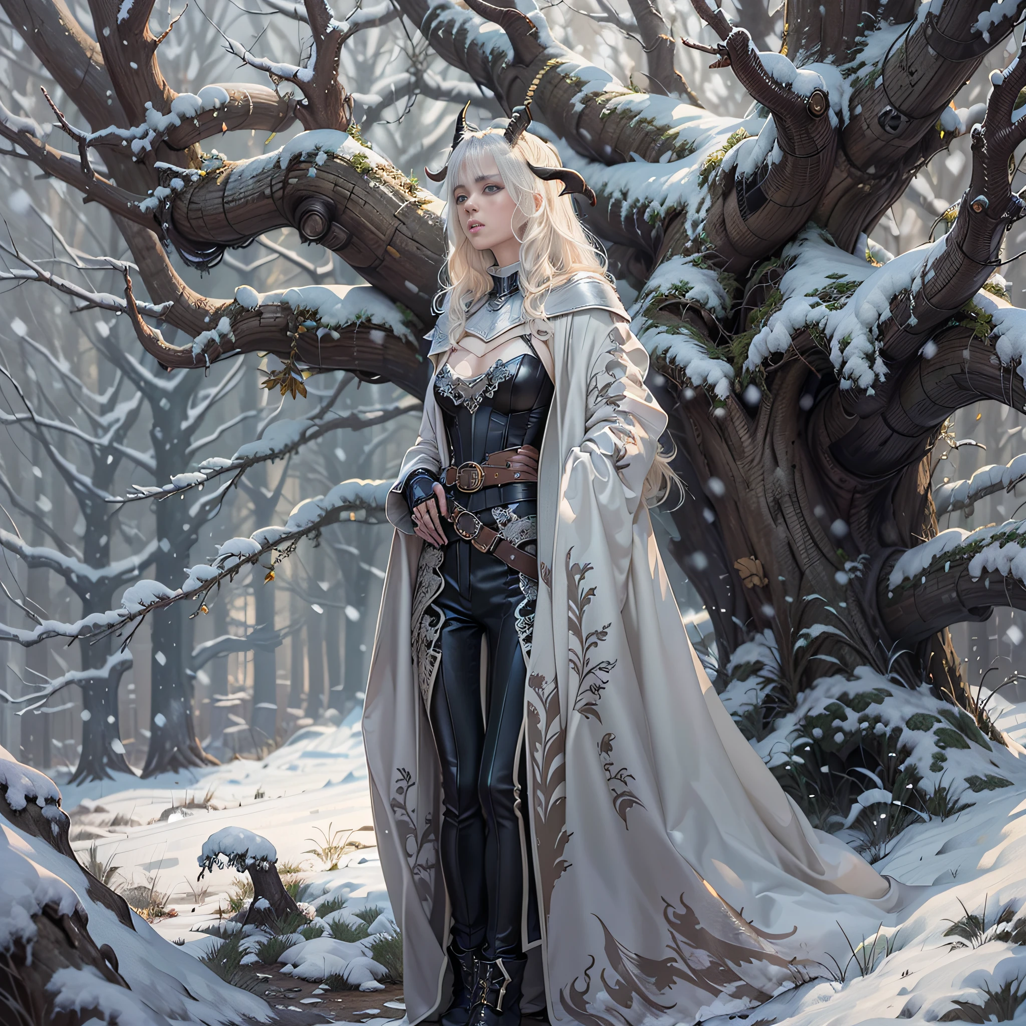 (masterpiece, top quality, best quality, official art, detailed:1.2), billieeilishW3, 1woman, solo, highly detailed face, perfect hands, long white wavy hair with symmetrical black ram horns and no bangs, outdoors, wearing full pleated armor, tree, fur trim cape in white, black gloves, snow, snowing, winter, walking and looking away with a hand on her belt, bare tree, flat chested and fully clothed with long sleeve medieval shirt and black trousers and armored shoulder pads