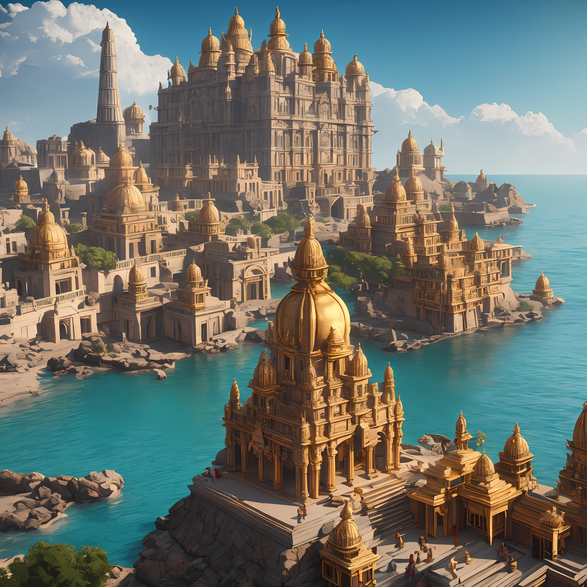 Lord vishnu,Hindi God,Lord Krishna watching the ancient city from mountain,Ancient Indian City Civilization with Grid system, Indian Style Temple n  Dozens Majestic Houses made of gold metals and shiny diamonds across the area,Unreal engine 5,by the sea shore, Cinematic,8k, Magical, Mysterious,Hindu mythology city,Dwarka