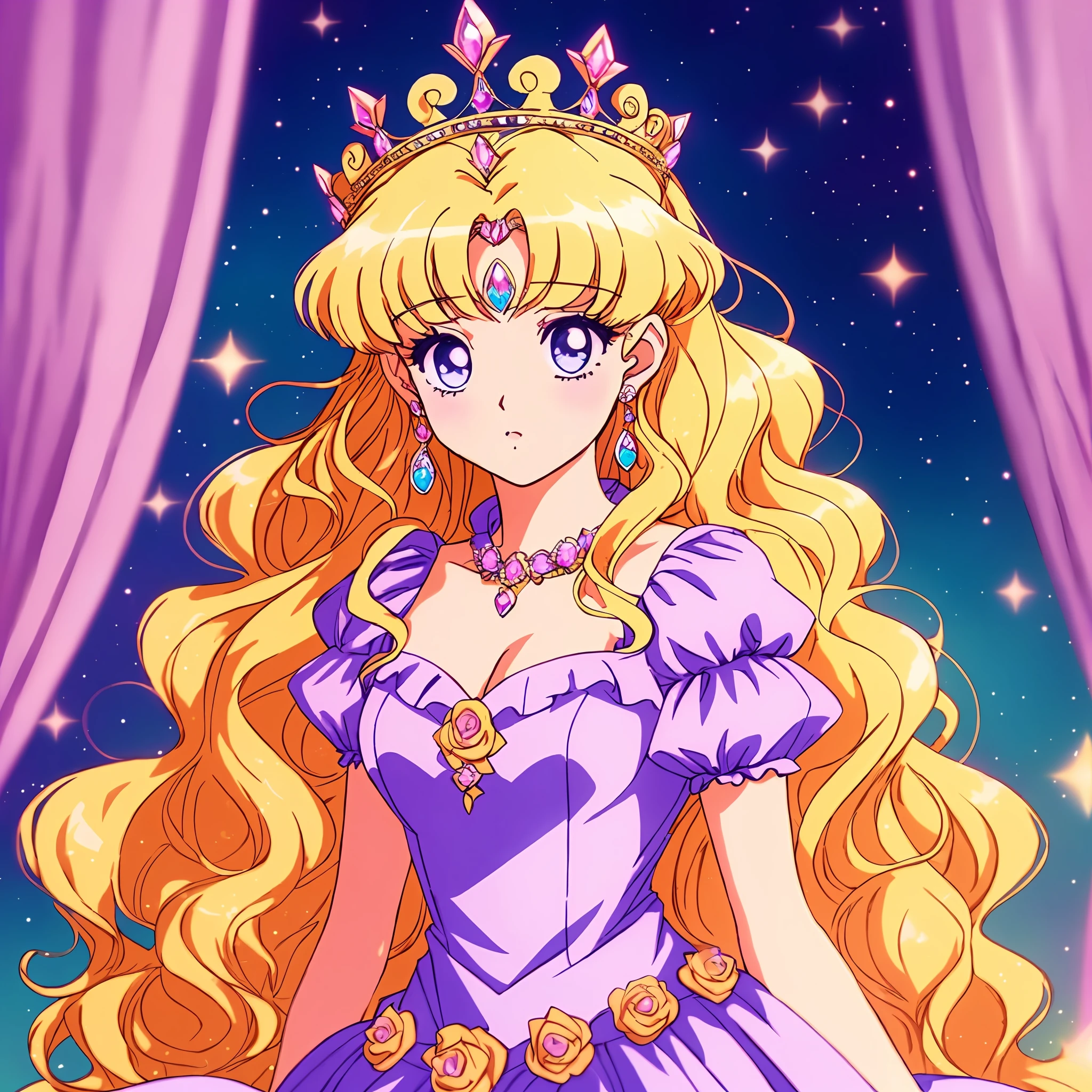 1 Princess，Thick blonde curls，(Beautiful dress、tiara crown、jewelry)，pretty eyes，Blush，pastelcolor，Retro anime，1990s anime，tmasterpiece，Best quality
