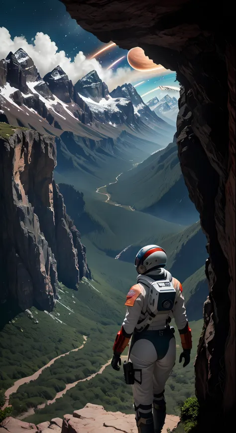 (35mmstyle:1.2), Highly detailed RAW color Photo, rear angle, full bodyesbian, af (Female space marine, Wearing a white and red spacesuit, futuristic helmet, Tin plated mask, Rebreathers, accentuated booty), Outdoors, (Stand on the cliffs of the tall Rocky...