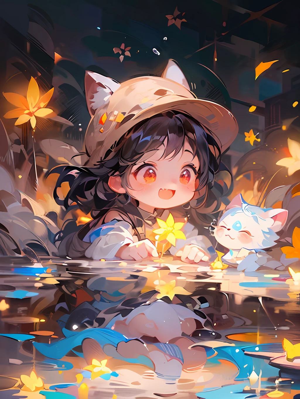 ((absurdres, higher, ultra HD) a chibi girl in a hat and a cute dog is sitting beside the lake water, 1girl,chibi, cute ,((water reflection:1.2)), detailed ,digital art, cute art style,   detailed artwork,  digital painting, kawacy,  illustration, artwork in the style of guweiz, ((sharp details))  anime illustration, by Yang J, cute artwork