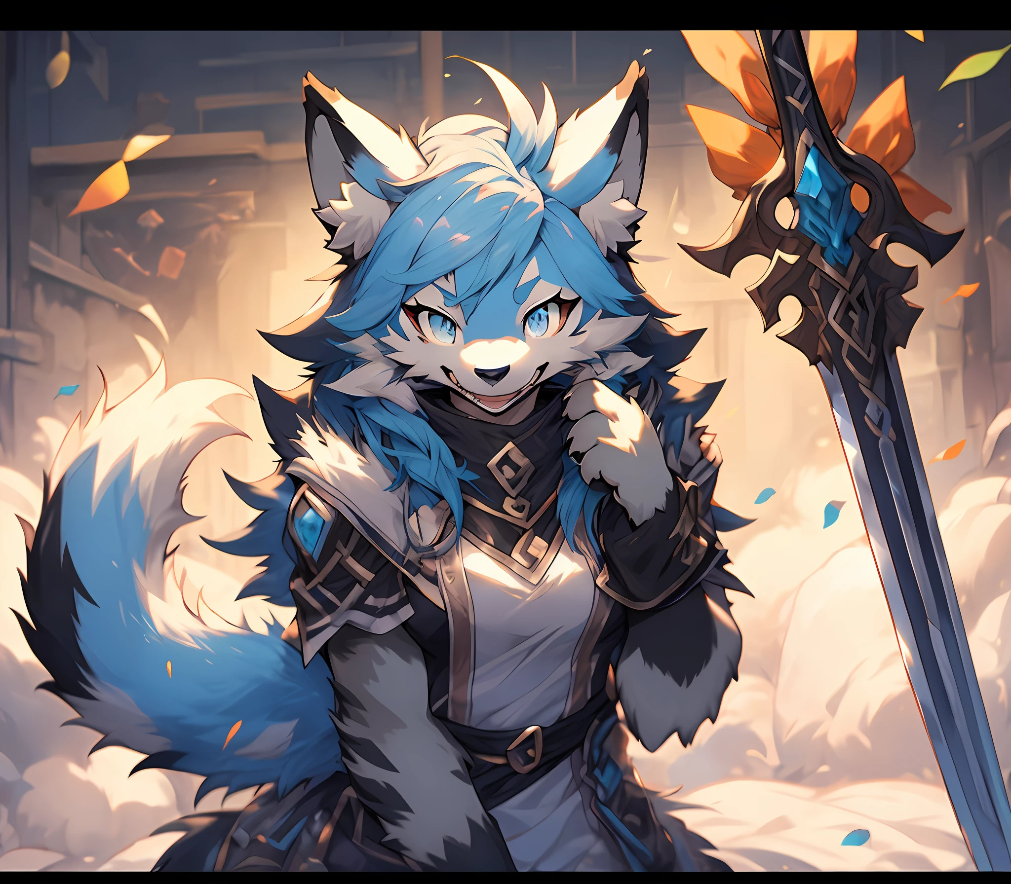 Anime cat sitting on bed，Blue eyes holding a sword, POV furry art, Furry anime, SFW version, anthro paw pov art, hairy chest, furry paw pov art, (sfv) safe to work, furry furaffinity, female furry mini cute style, Holo is a wolf girl, commission on furaffinity, very very beautiful furry art