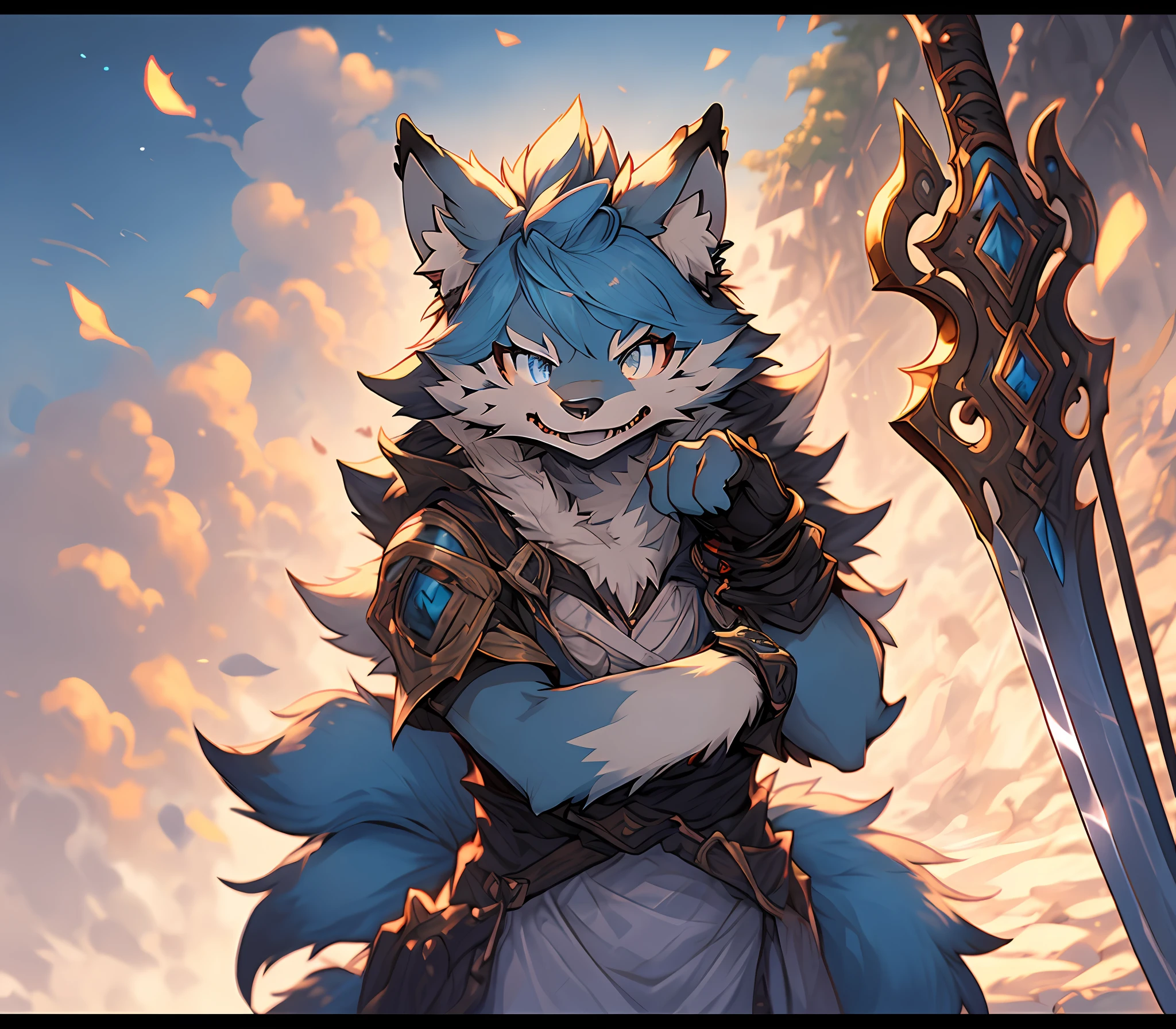 Anime cat sitting on bed，Blue eyes holding a sword, POV furry art, Furry anime, SFW version, anthro paw pov art, hairy chest, furry paw pov art, (sfv) safe to work, furry furaffinity, female furry mini cute style, Holo is a wolf girl, commission on furaffinity, very very beautiful furry art