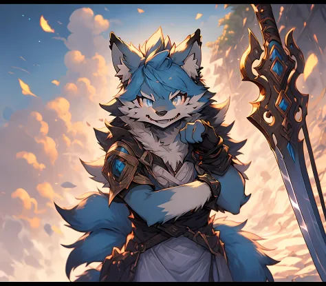 Anime cat sitting on bed，Blue eyes holding a sword, POV furry art, Furry anime, SFW version, anthro paw pov art, hairy chest, fu...