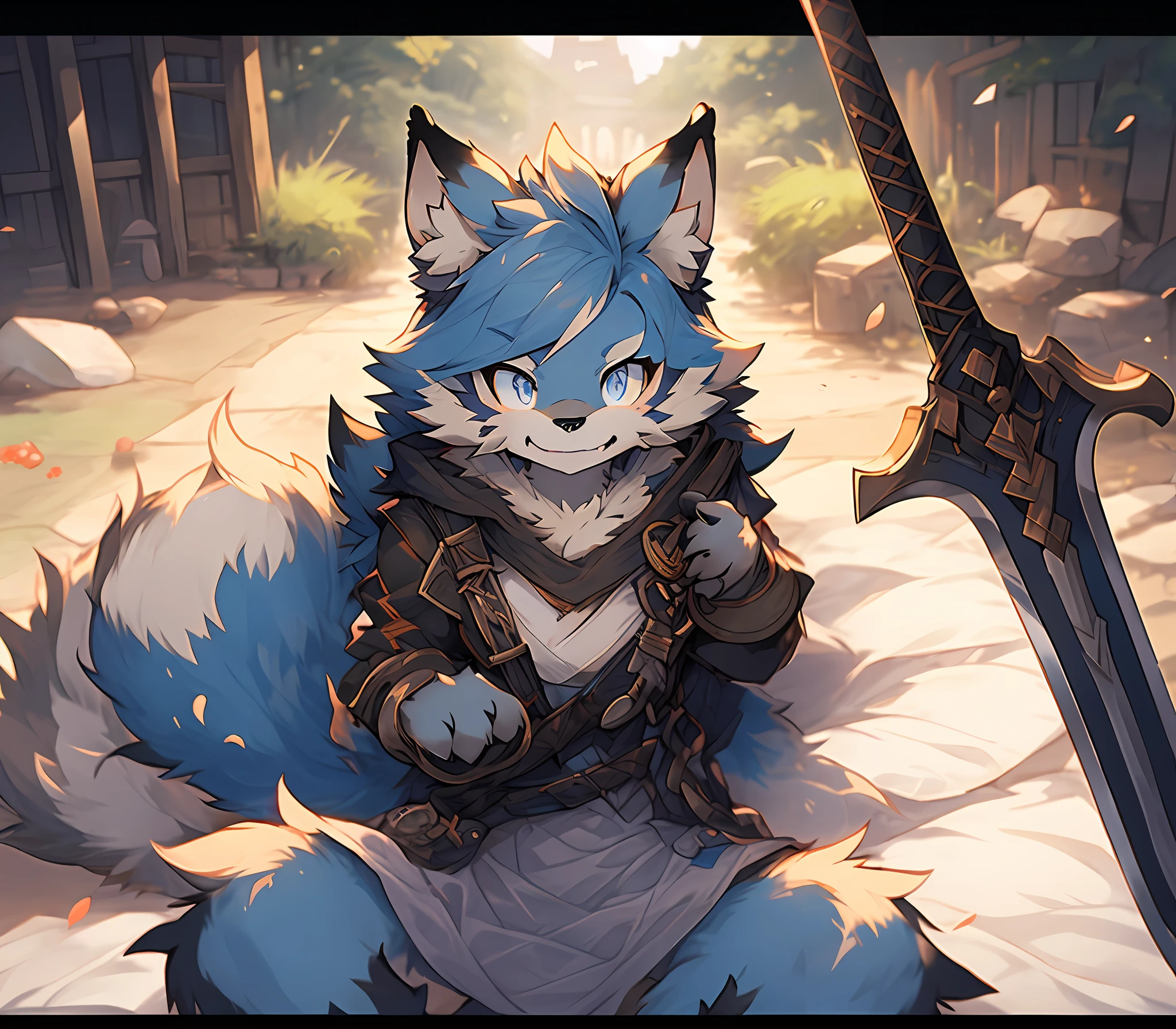 Anime cat sitting on bed，Blue eyes holding a sword, POV furry art, Furry anime, SFW version, anthro paw pov art, hairy chest, furry paw pov art, (sfv) safe to work, furry furaffinity, female furry mini cute style, Holo is a wolf girl, commission on furaffinity, very very beautiful furry art