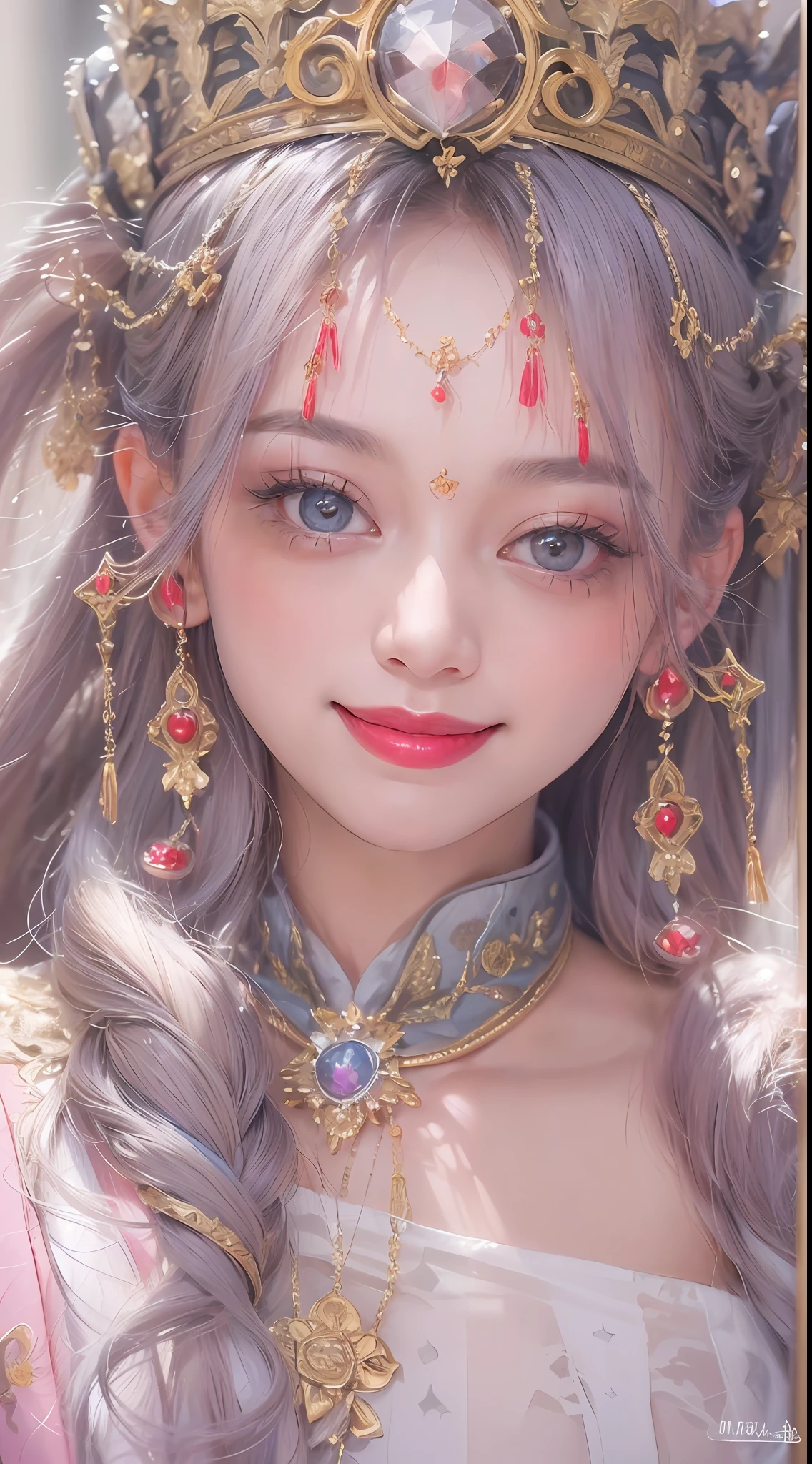 美しい20歳の聖女の肖像画, 薄い多色のシルクのドレスを着て, beautiful 顔 without blemishes, (((美しい笑顔:1.5)), ((7色の髪の長さ:1.2)), 大きな王冠, ヘアブローチ, 漢服ドレス, 中国古代スタイル, 全身ジュエリー, 額のタトゥー, 非常に均一な胸, 顔, 赤い唇, 繊細なピンクと白の目 (白くて細かい) 映画のような, 光と闇, ドラマチックな照明, 魔法の光, 非常に詳細な光, 天然色, 超シャープ, 現実的, 8K品質, ファンタジー宇宙の背景, 聖人と魔法の空間, 最も詳細な画像,