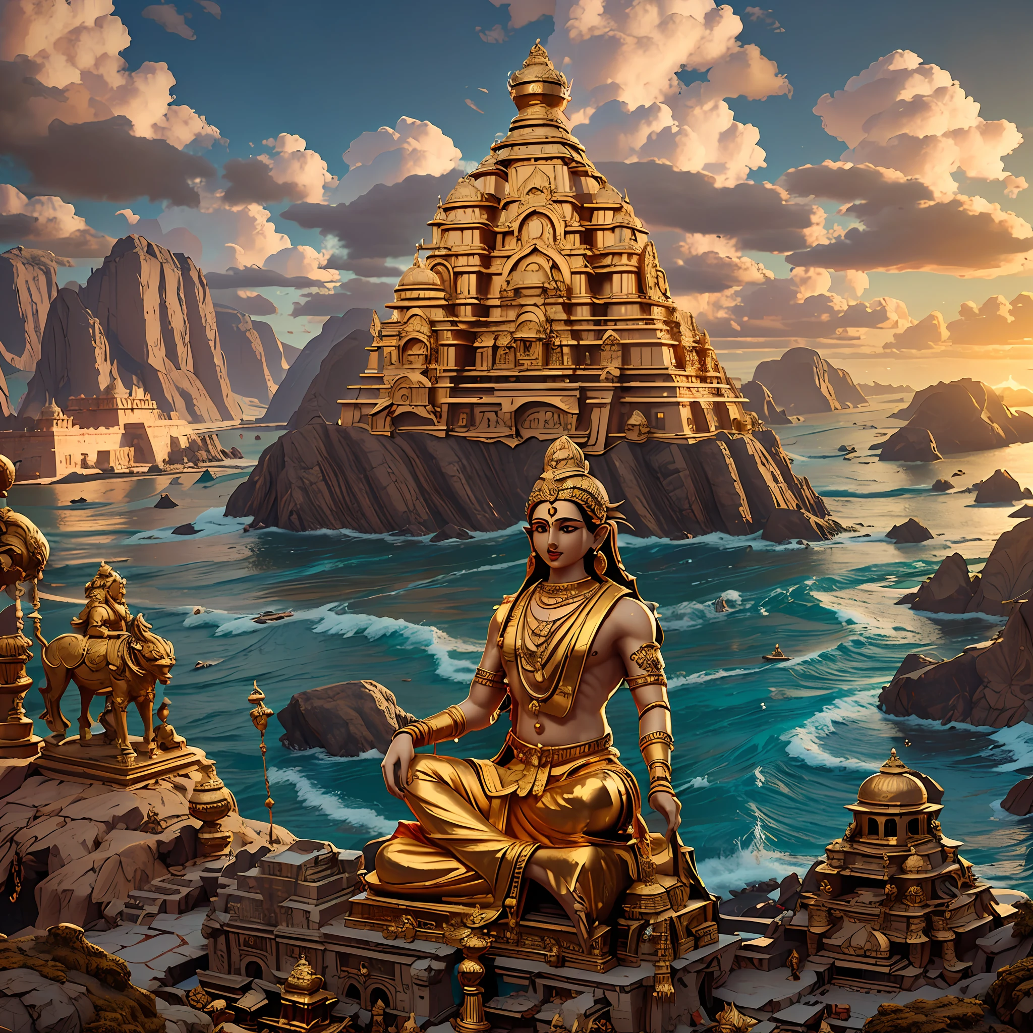 Lord vishnu,Hindi God,Lord Krishna watching the ancient city from mountain,Aerial view, Golden city,  Ancient Indian City Civilization with Grid system, Indian Style Temple n  Dozens Majestic Houses made of gold metals and shiny diamonds across the area,Unreal engine 5,by the sea shore, Cinematic,8k, Magical, Mysterious,Hindu mythology city,Dwarka