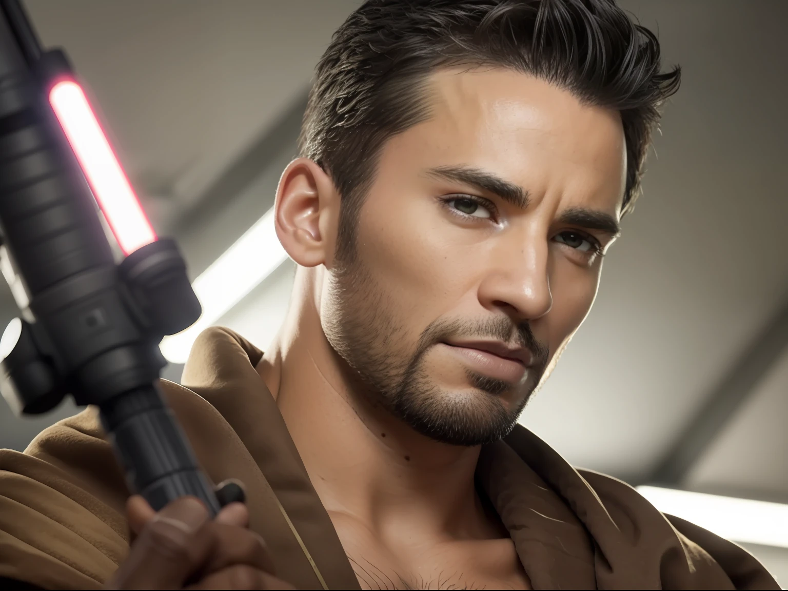 Create a man, star wars character, Hold your lightsaber in front of your face, 30 age old，Weight 70 lbs，dark-skin，Wearing a light-colored robe, Wear black earrings, Curly and very short, The sides are slightly shaved, Brown eyes, Mysterious eyes, Detailed anatomy, Photo, Realistic, Cinematic, Glamour, On an alien planet