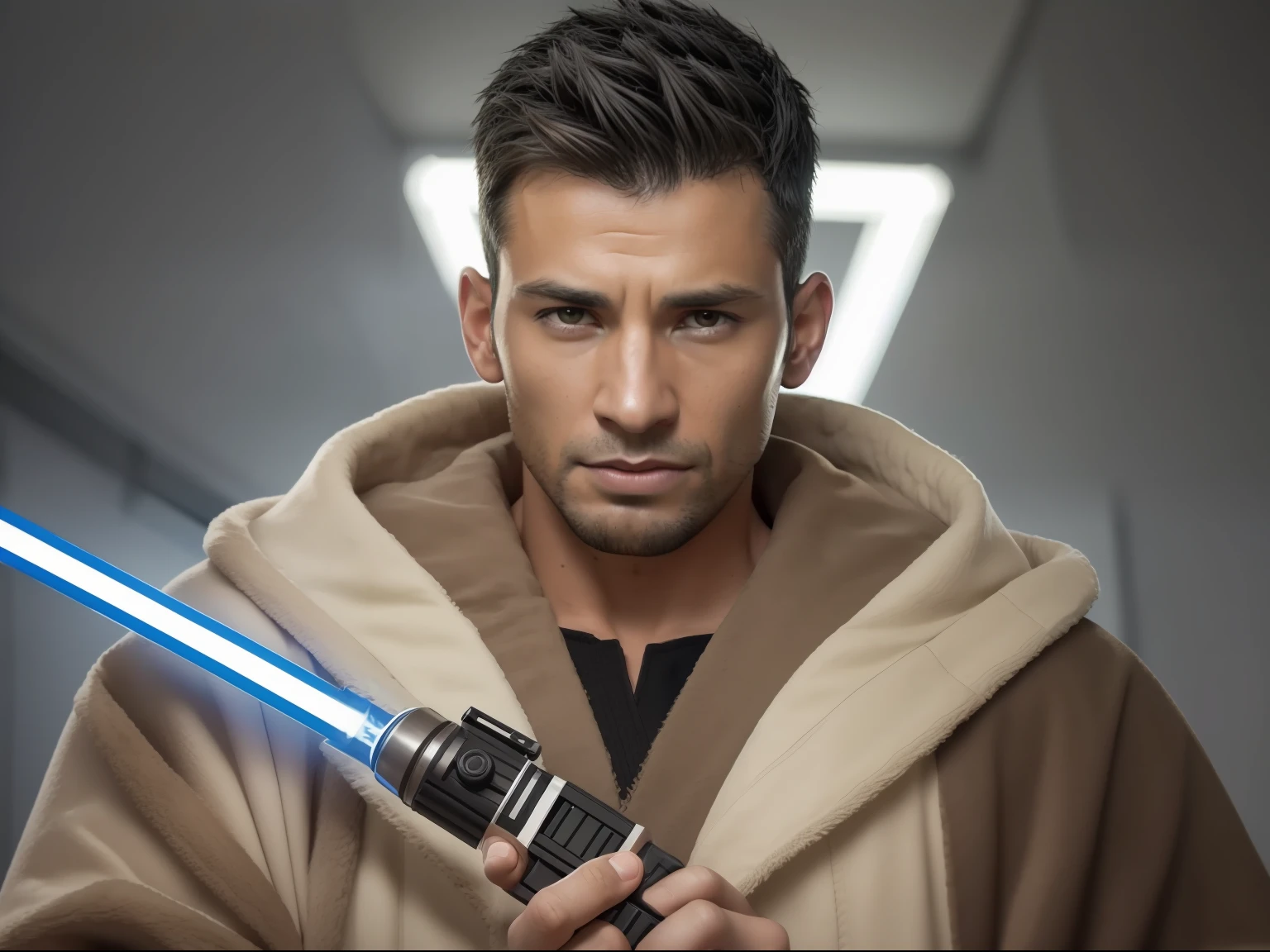 Créer un homme, personnage de Star Wars, Tenez votre sabre laser devant votre visage, 30 ans，Poids 70 livres，peau sombre，Porter une robe de couleur claire, porter des boucles d&#39;oreilles noires, Bouclé et très court, Les côtés sont légèrement rasés, yeux marrons, Yeux mystérieux, anatomie détaillée, photo, réaliste, cinématique, charme, Sur une planète extraterrestre