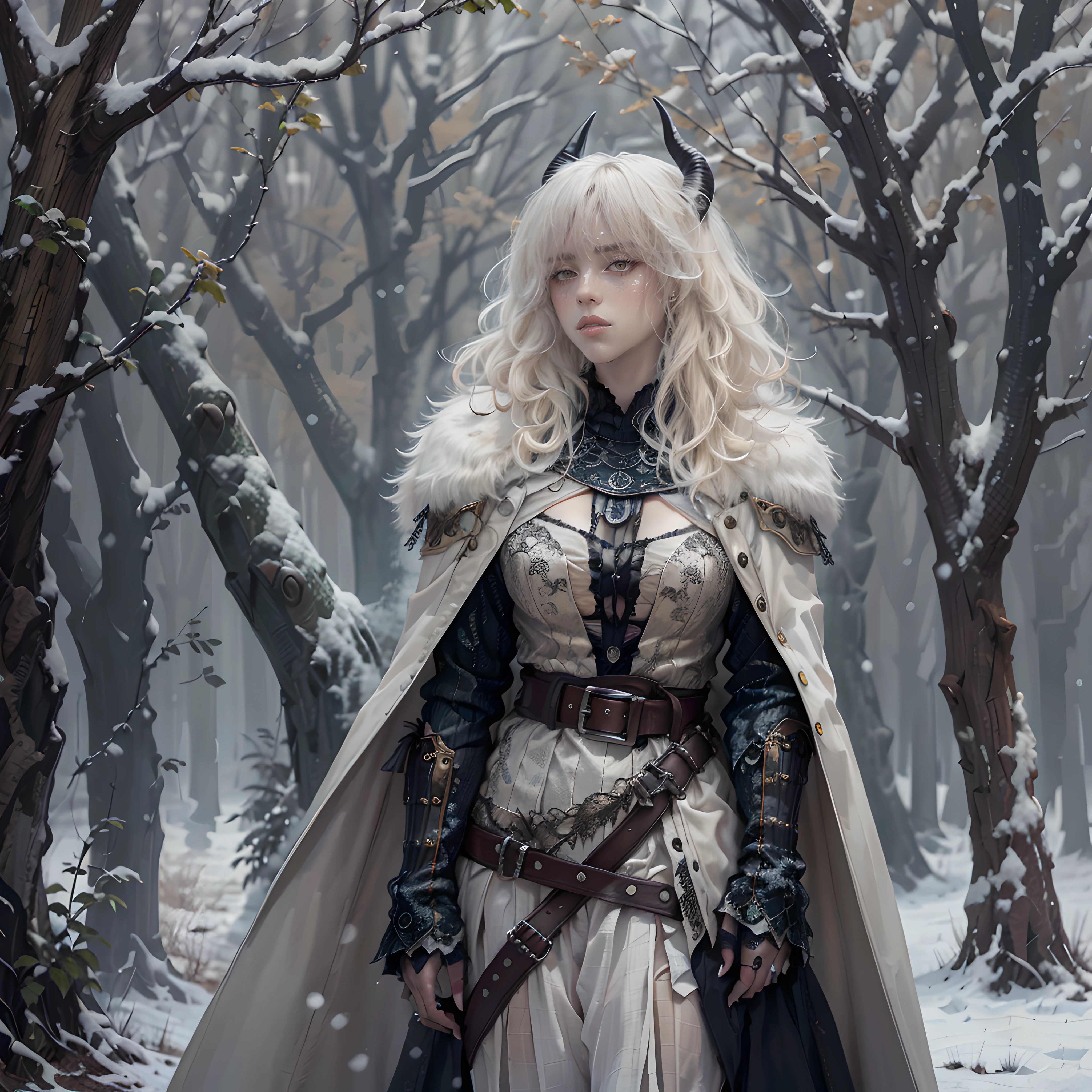 (masterpiece, top quality, best quality, official art, detailed:1.2), billieeilishW3, 1woman, solo, highly detailed face, perfect hands, long white wavy hair with symmetrical black ram horns and no bangs, outdoors, wearing full pleated armor, tree, fur trim cape in white, black gloves, snow, snowing, winter, walking and looking away with a hand on her belt, bare tree, flat chested and fully clothed with long sleeve medieval shirt and black trousers and armored shoulder pads