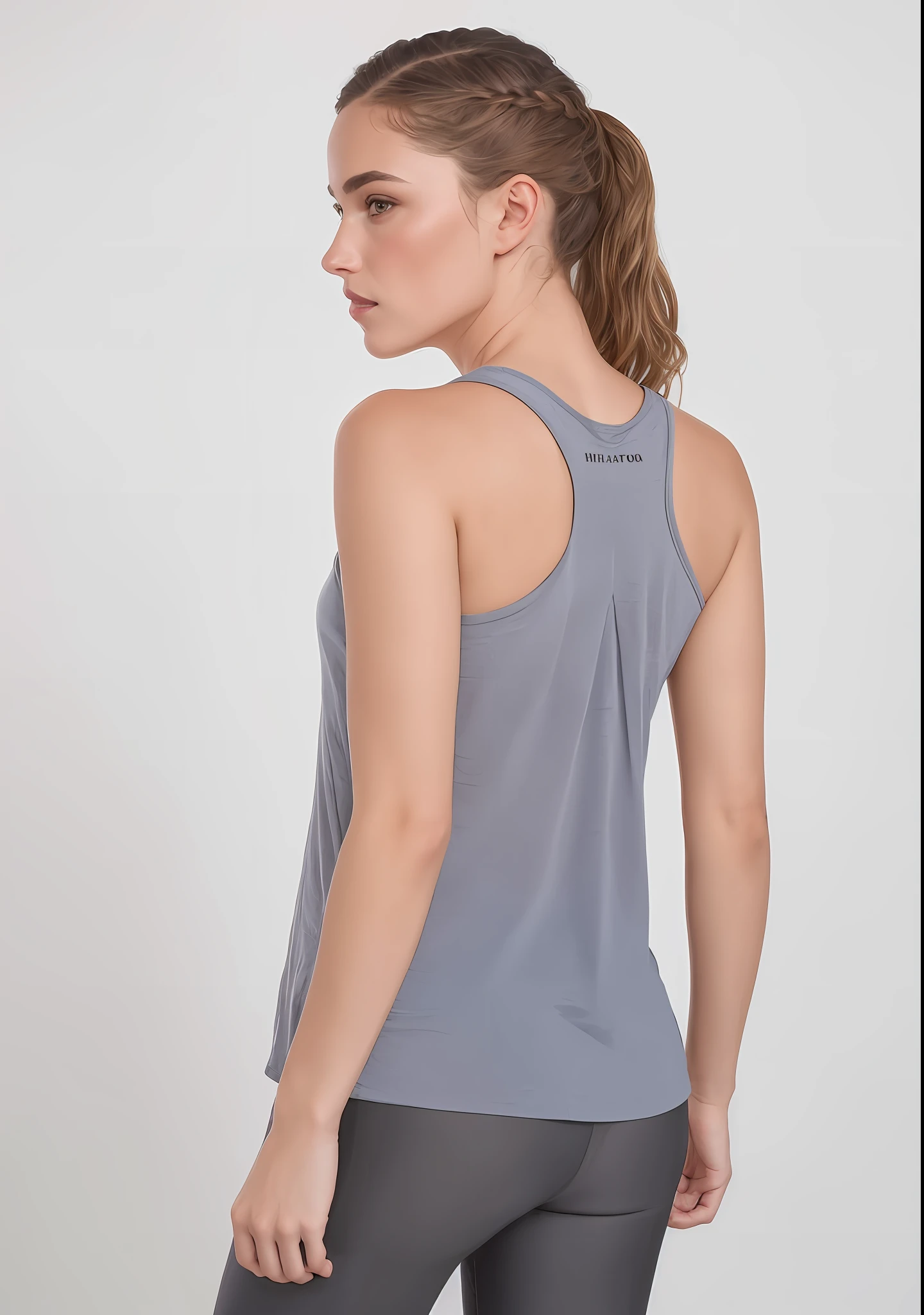 A woman in grey top and leggings looking back - SeaArt AI