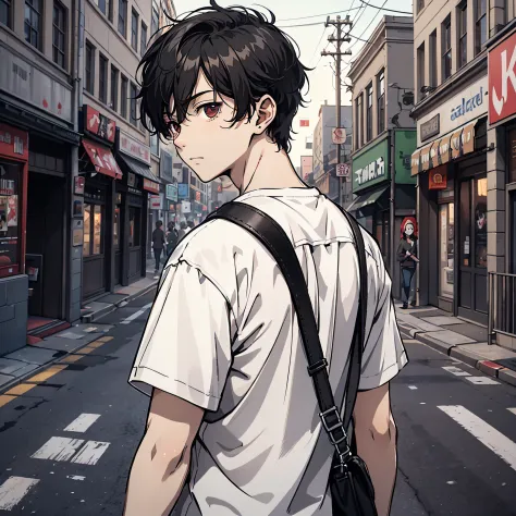 Ridiculous resolution，A high resolution，（tmasterpiece：1.4），Hyper-detailing，The young man's short black hair was disheveled，Wearing a white shirt，A calm expression，Back shadow，In the middle of empty streets，Zombie apocalypse，Zombie outbreak
