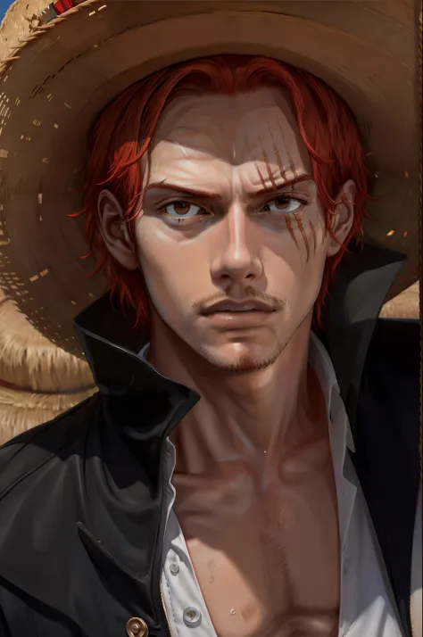 (masterpiece, best quality),  intricate details,
 1boy, man, red hair, straw hat, Shnks, shanks \(one piece\),  scar on face,