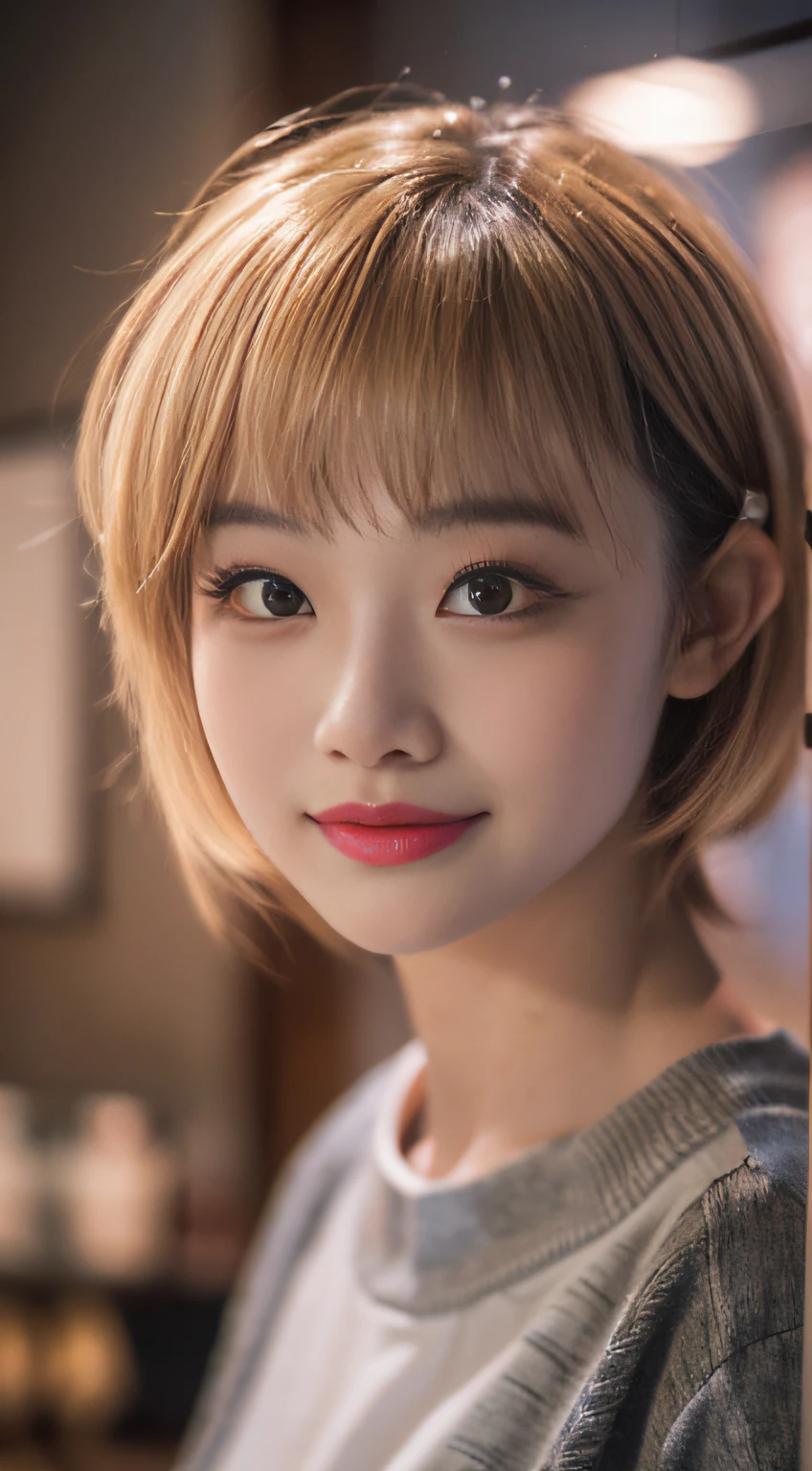 HDR, (8k, RAW photo, best quality, masterpiece:1.2), (realistic, photo-realistic:1.8), ultra-detailed, (high detailed skin:1.2), perfect soft lighting, high quality, film grain, 1girl, short hair, dynamic pose, smile, looking at viewer, asian girl, chinese girl, eyelashes, eyeshadow,