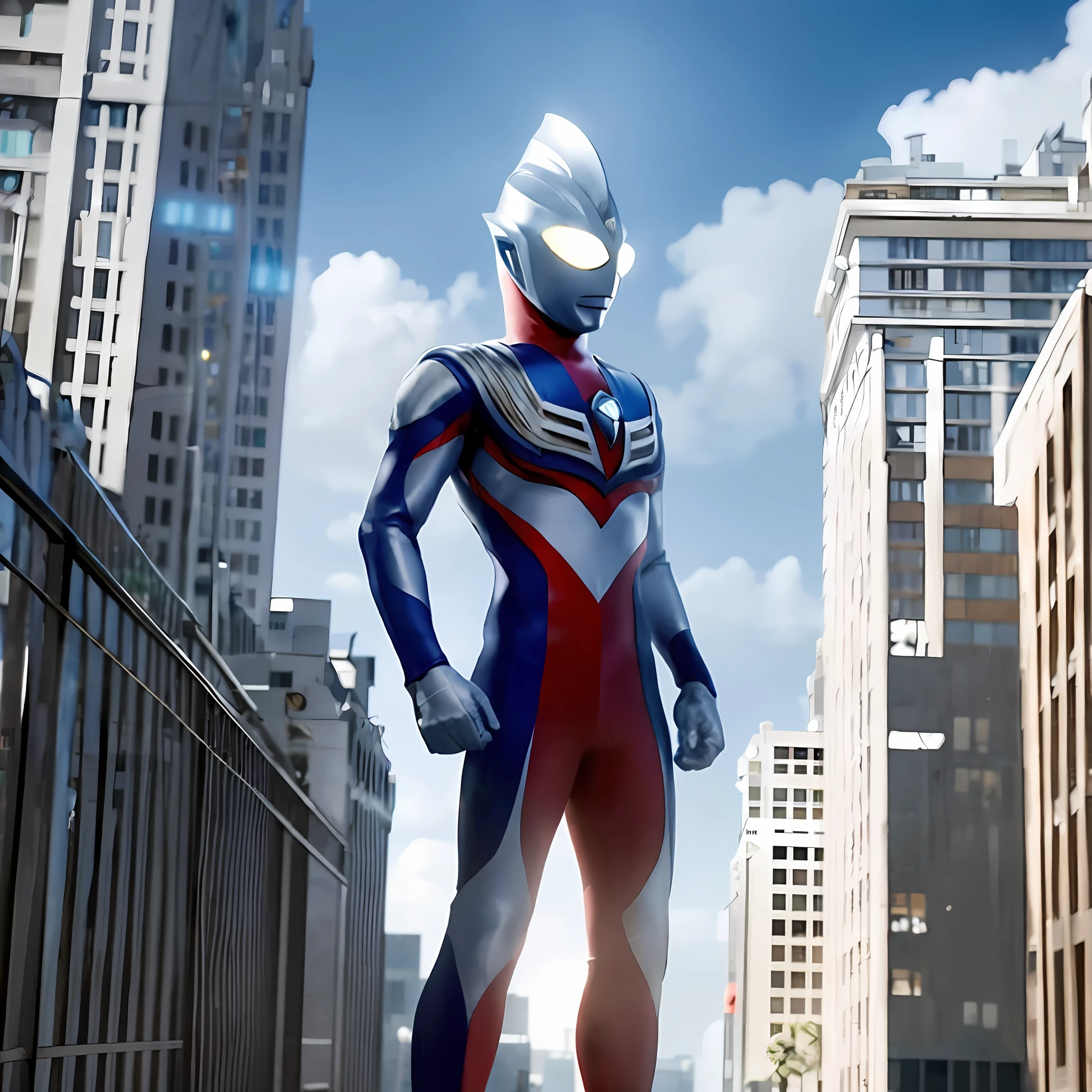 tmasterpiece，Best quality at best，1boy，extraterrestial(FEMALES)，malefocus，solo，1girl，tokusatsu，full bodyesbian，（the giant），railing，glowing light eyes，with light glowing，from below，White eyes，The chest is large，City，buliding，Damaged buildings，tiltshift，ruins
