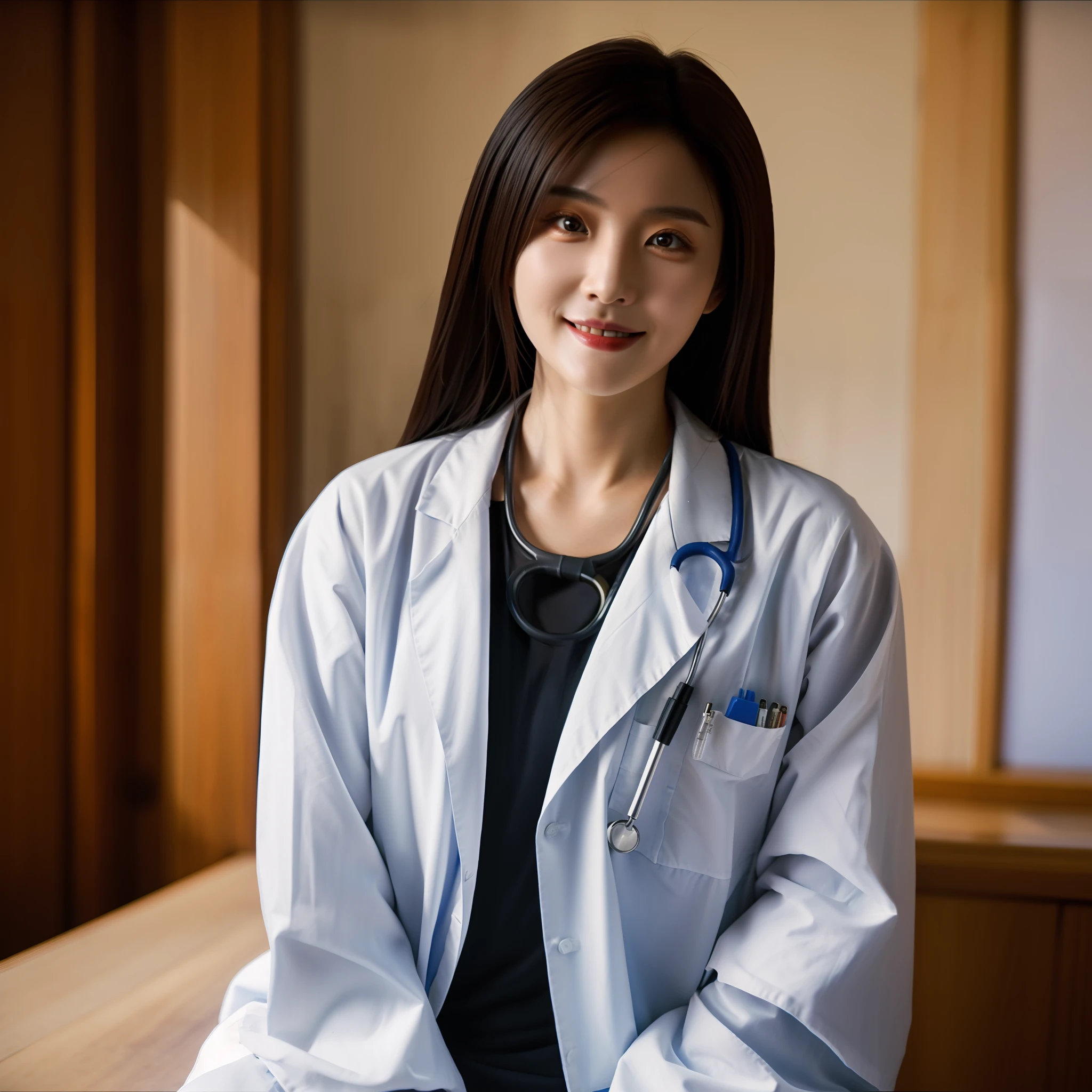 Mujer china de 30 años，bata blanca de doctor，la camisa negra，El estetoscopio cuelga sobre el tórax，Pelo largo，Hermoso rostro，Cállate y sonríe，