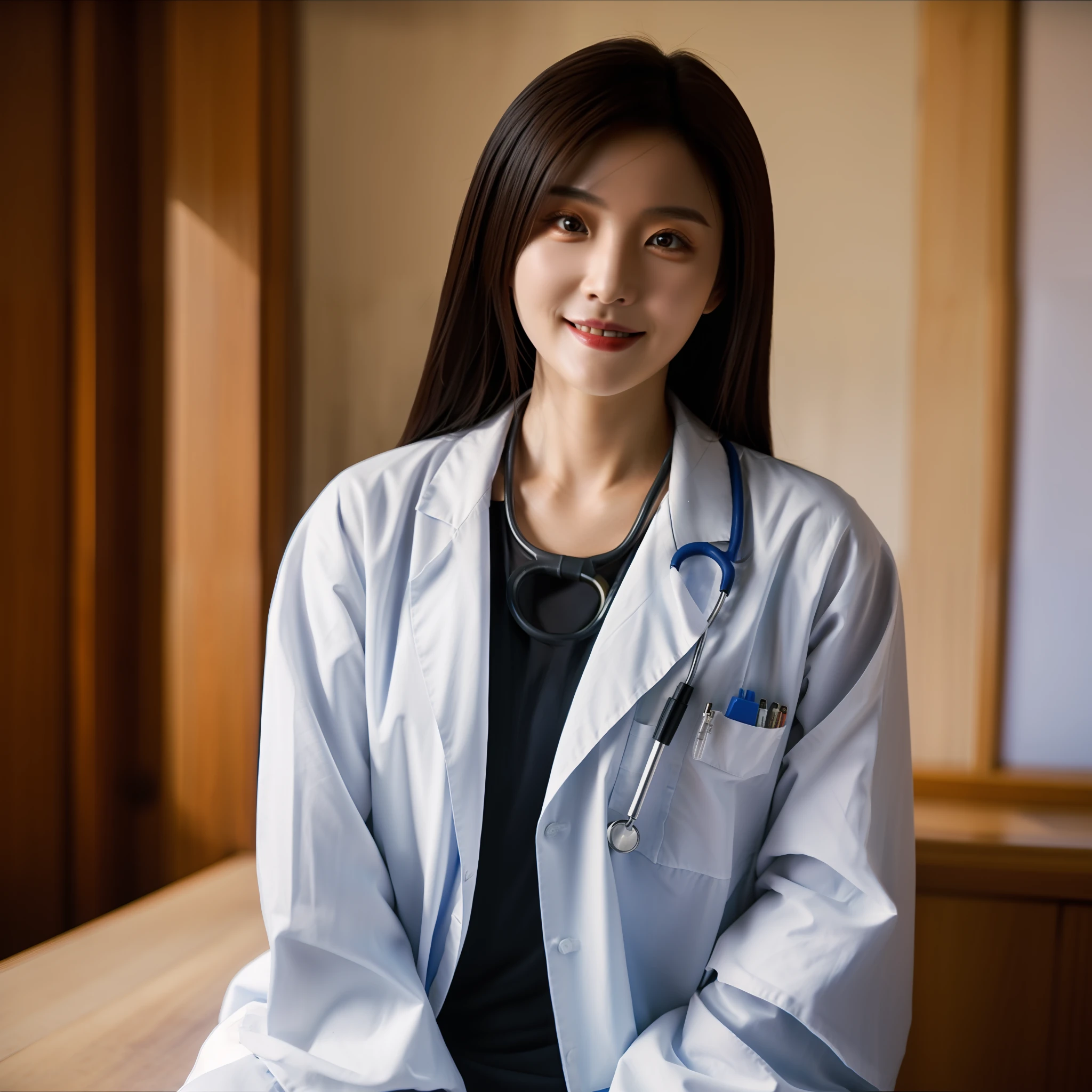 Mulher chinesa de 30 anos，vestido de médico branco，Camisa preta，O estetoscópio está pendurado no peito，Cabelo longo，rosto bonito，Cale-se e sorria，