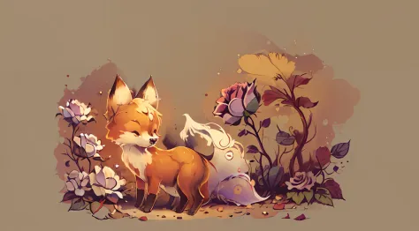 cute00d, simple background, short tail, fox, leaf, animal focus, the little prince, 1rose