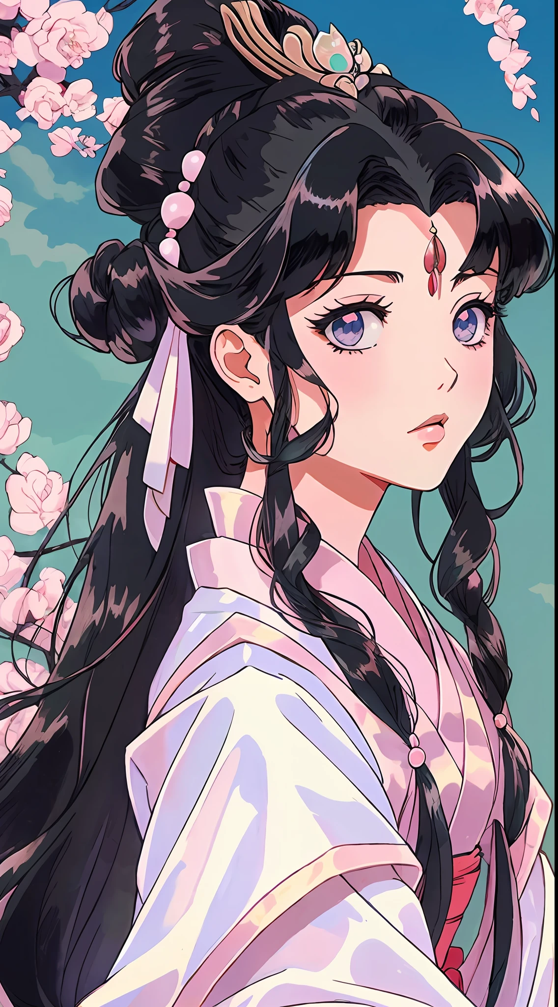 1 alte chinesische Prinzessin，dickes schwarzes Haar，(Hanfu、Frisuren、Haarknoten)，schöne Augen，erröten，wunderschönes Haar-Accessoire，Pastellfarbe，Retro-Anime，Anime der 1990er Jahre，Meisterstück，beste Qualität，Figur stehend zeichnen