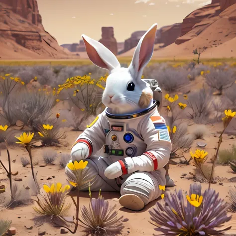 A rabbit in a spacesuit, sat on the ground, A flower around you，The view is desolate desert, Eyes look at the flowers, Meticulous and vivid, the wallpaper --auto