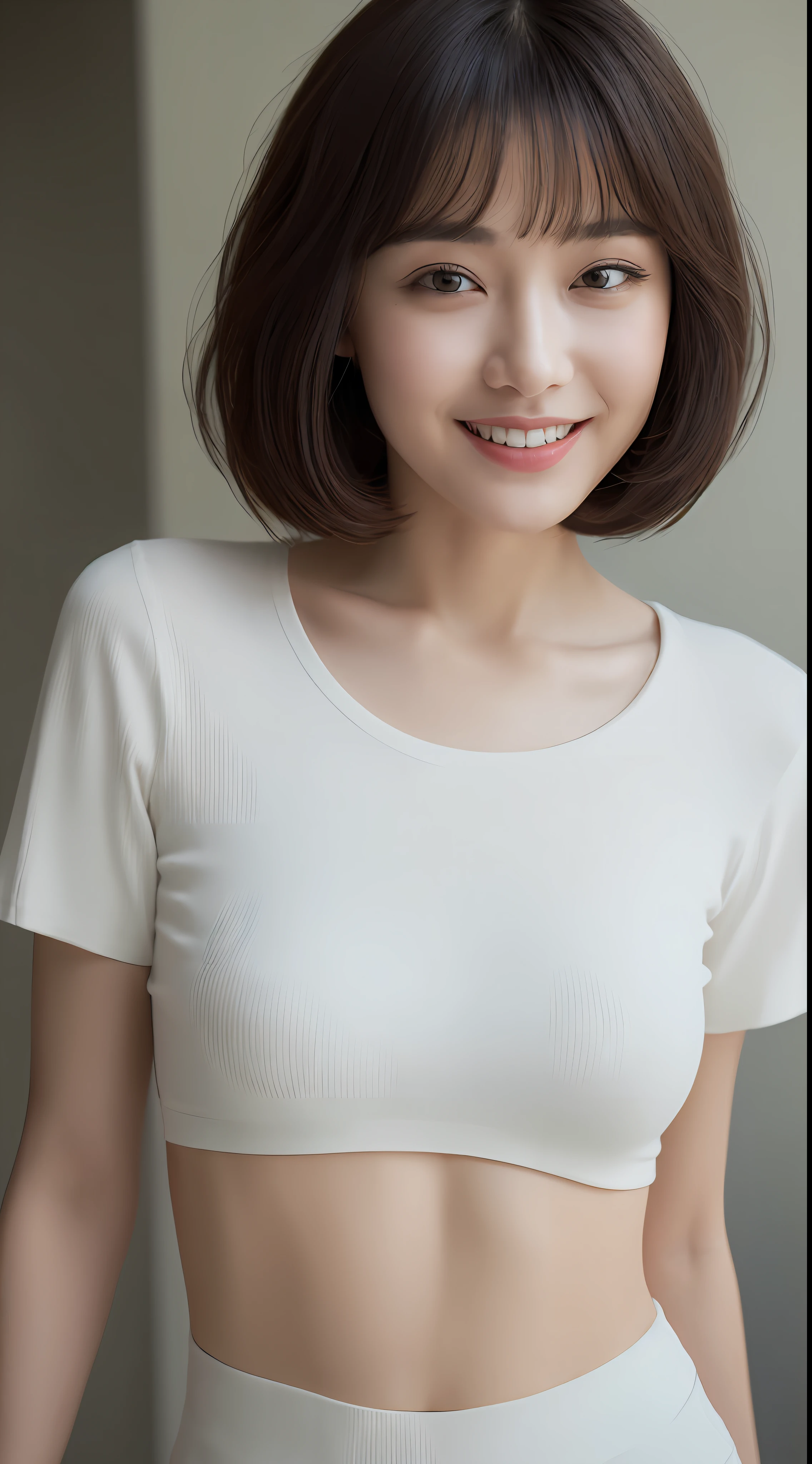 ((Best Quality, 8K, Masterpiece: 1.3)), 1girl, Slim Abs Beauty: 1.3, (bob haircut, Casual, big Breasts: 1.2), plain black t shirt, Super Fine Face, standing straight facing to viewer, Delicate Eyes, Smile, full body, ultra realistic photography, Home