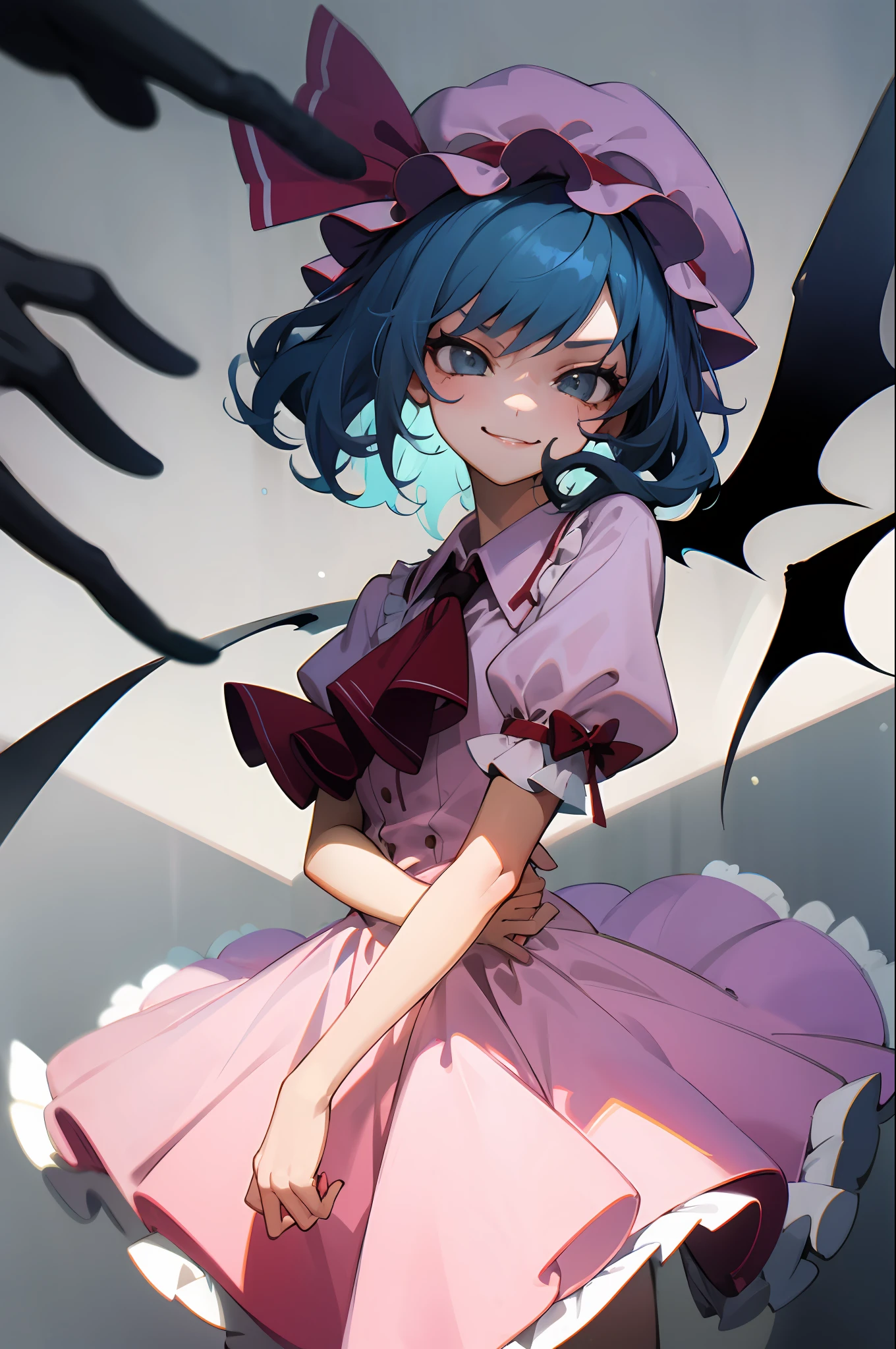 masterpiece, best quality,  best light, best shadow, focus on the face , beautiful face, 1girl,pink dress,mob cap,ribbon,blue hair,evil smile,bow,ascot, bat wings, soft smile,grey background, cowboy shot, (kbxll:0.8) ,lively image