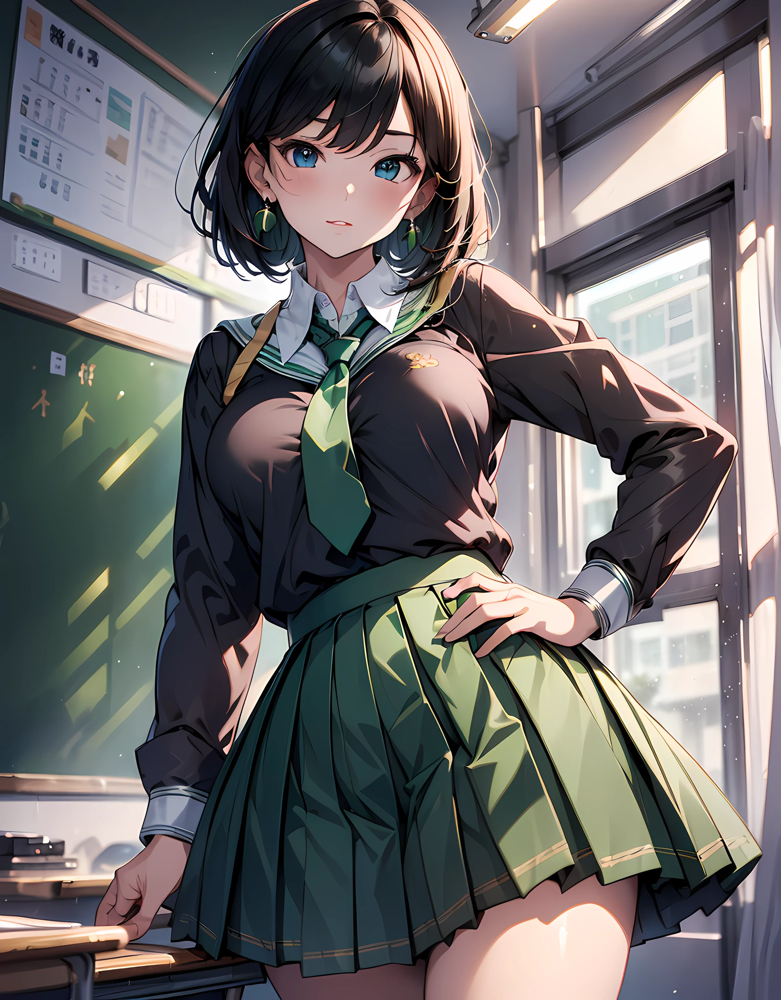 (masterpiece, best quality:1.37), highres, ultra-detailed, ultra-sharp, BREAK, Japanese school girl model, 1girl, (beautiful anime face, cute face, detailed face), (black hair, short hair, bangs), blue eyes, jewelry, earrings, piercing, BREAK, ((detailed school girl uniform:1.5), (detailed collard sailor shirt:1.3), (yellow tie:1.3), (dark-green pleats skirt:1.3), lovely look, detailed clothes), light smile, closed mouth, parted lips, pink lipstick, BREAK, standing, look back, from behind, cowboy shot, detailed human hands, HDTV:1.2, ((detailed school room background:1.3)), 8 life size, slender, anime style, anime style school girl, perfect anatomy, perfect proportion, inspiration from Kyoto animation and A-1 picture, late evening, excellent lighting, bright colors, clean lines, photorealistic