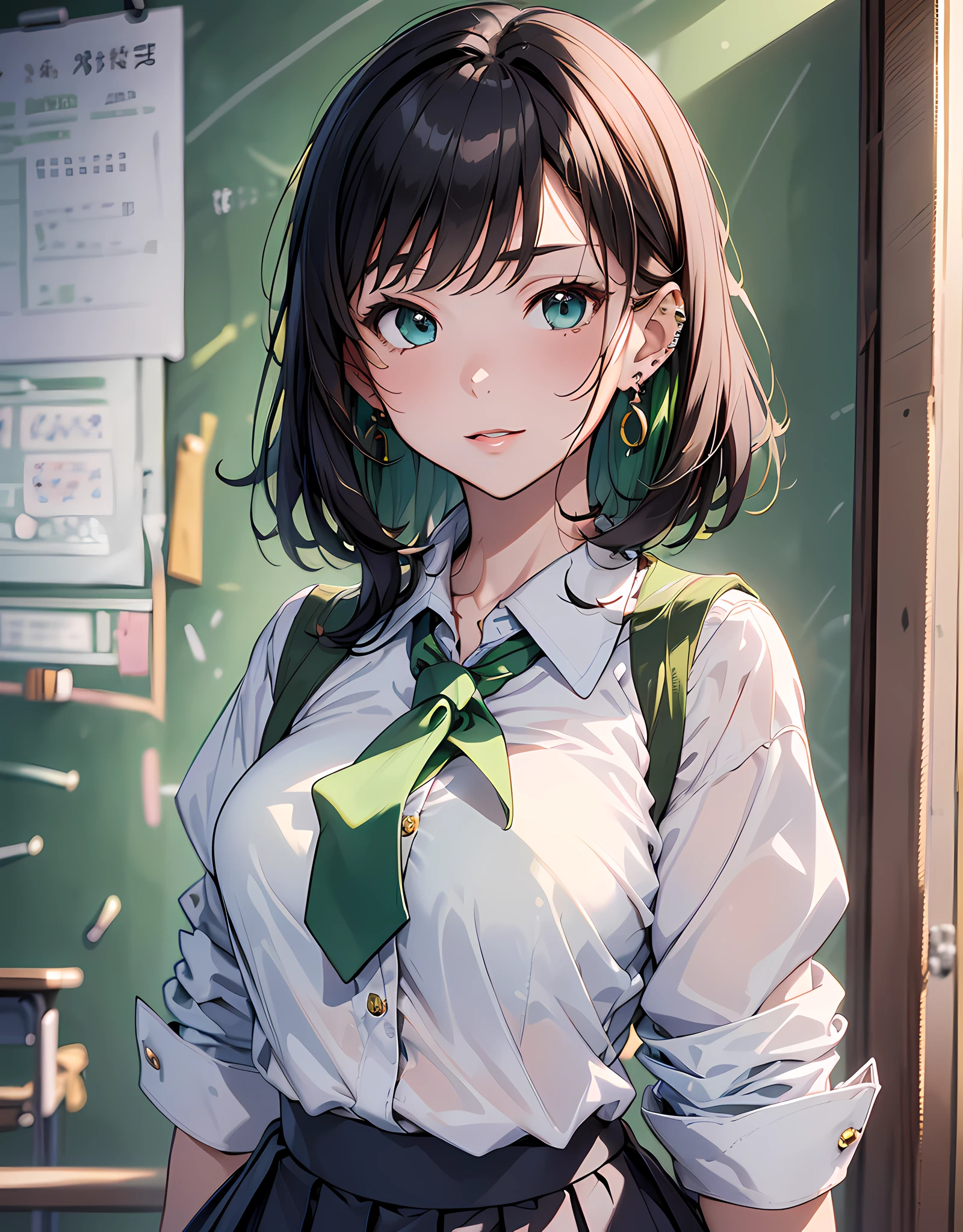 (masterpiece, best quality:1.37), highres, ultra-detailed, ultra-sharp, BREAK, Japanese school girl model, 1girl, (beautiful anime face, cute face, detailed face), (black hair, short hair, bangs), blue eyes, jewelry, earrings, piercing, BREAK, ((detailed school girl uniform:1.5), (detailed collard sailor shirt:1.3), (yellow tie:1.3), (dark-green pleats skirt:1.3), lovely look, detailed clothes), light smile, closed mouth, parted lips, pink lipstick, BREAK, standing, look back, from behind, cowboy shot, detailed human hands, HDTV:1.2, ((detailed school room background:1.3)), 8 life size, slender, anime style, anime style school girl, perfect anatomy, perfect proportion, inspiration from Kyoto animation and A-1 picture, late evening, excellent lighting, bright colors, clean lines, photorealistic