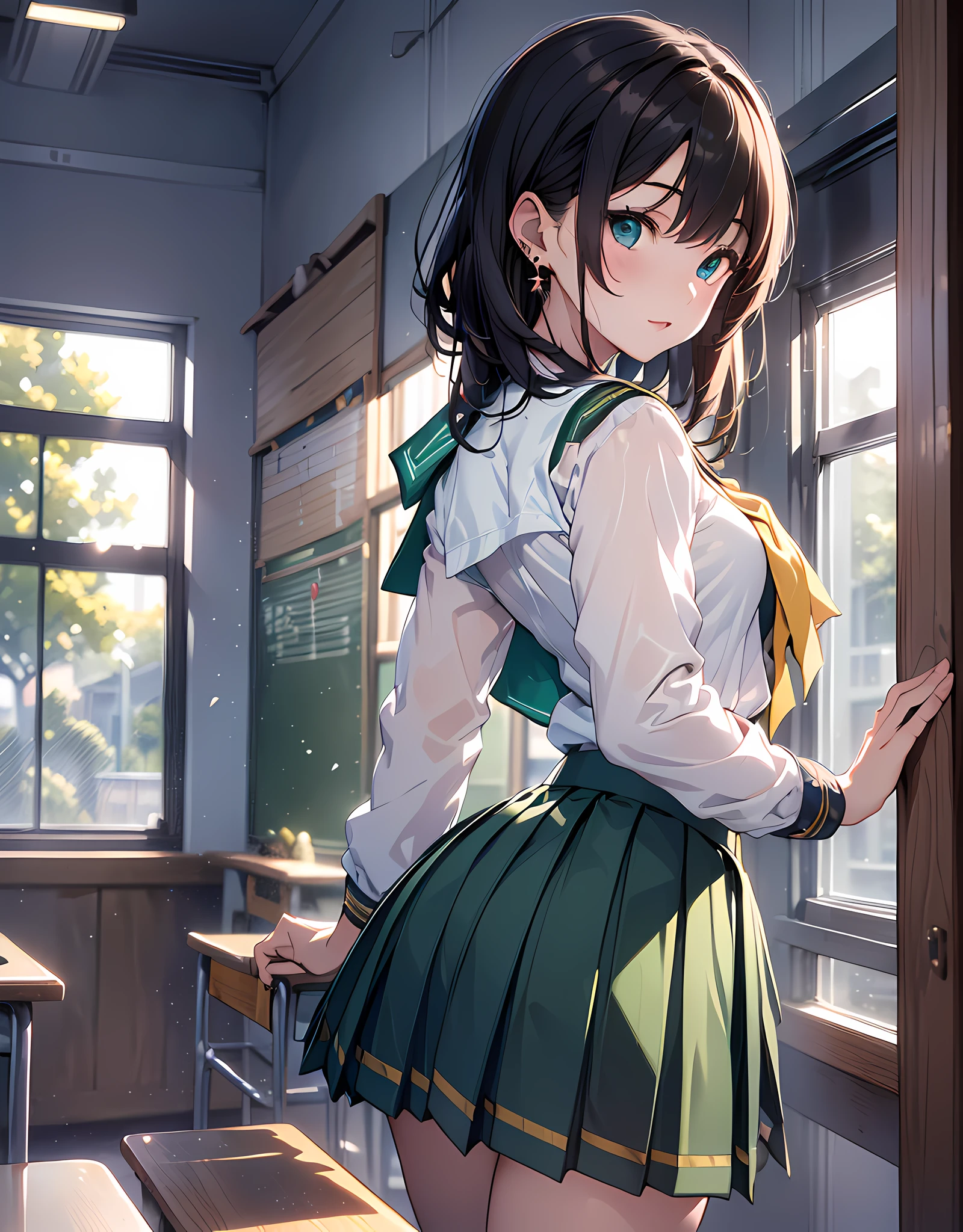 (masterpiece, best quality:1.37), highres, ultra-detailed, ultra-sharp, BREAK, Japanese school girl model, 1girl, (beautiful anime face, cute face, detailed face), (black hair, short hair, bangs), blue eyes, jewelry, earrings, piercing, BREAK, ((detailed school girl uniform:1.5), (detailed collard sailor shirt:1.3), (yellow tie:1.3), (dark-green pleats skirt:1.3), lovely look, detailed clothes), light smile, closed mouth, parted lips, pink lipstick, BREAK, standing, look back, from behind, cowboy shot, detailed human hands, HDTV:1.2, ((detailed school room background:1.3)), 8 life size, slender, anime style, anime style school girl, perfect anatomy, perfect proportion, inspiration from Kyoto animation and A-1 picture, late evening, excellent lighting, bright colors, clean lines, photorealistic