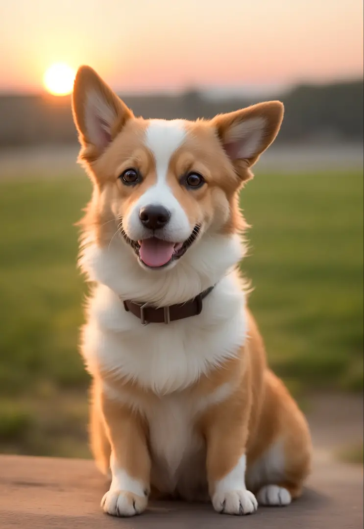 Happy little corgi dog，Smile happily at you，close up photograph，the sunset，80mm，f/1.8，degrees of freedom，bokeh，depth of fields，sub surface scattering，Pointillism