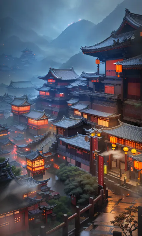 Asian architecture in the rain at night，full of lights, dreamy Chinese towns, cyberpunk chinese ancient castle, Beautiful rendering of the Tang Dynasty, andreas rocha style, Ancient Chinese architecture, inspired by Andreas Rocha, the style of andreas roch...
