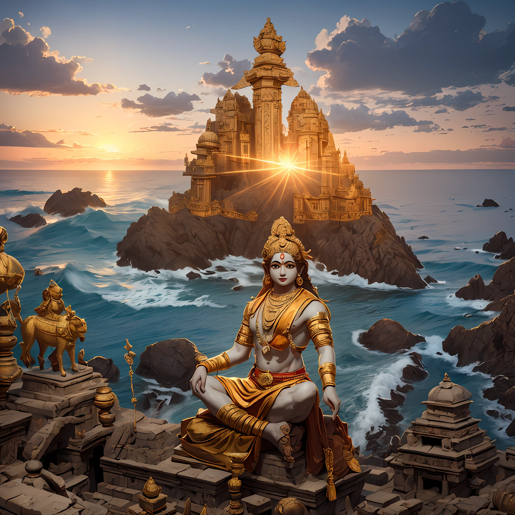 Light blue complexion male,Hindi God,Lord Krishna watching the ancient city from mountain,Aerial view, Golden city,  Ancient Indian City Civilization with Grid system, Indian Style Temple n  Dozens Majestic Houses made of gold metals and shiny diamonds across the area,Unreal engine 5,by the sea shore, Cinematic,8k, Magical, Mysterious,Hindu mythology city,Dwarka