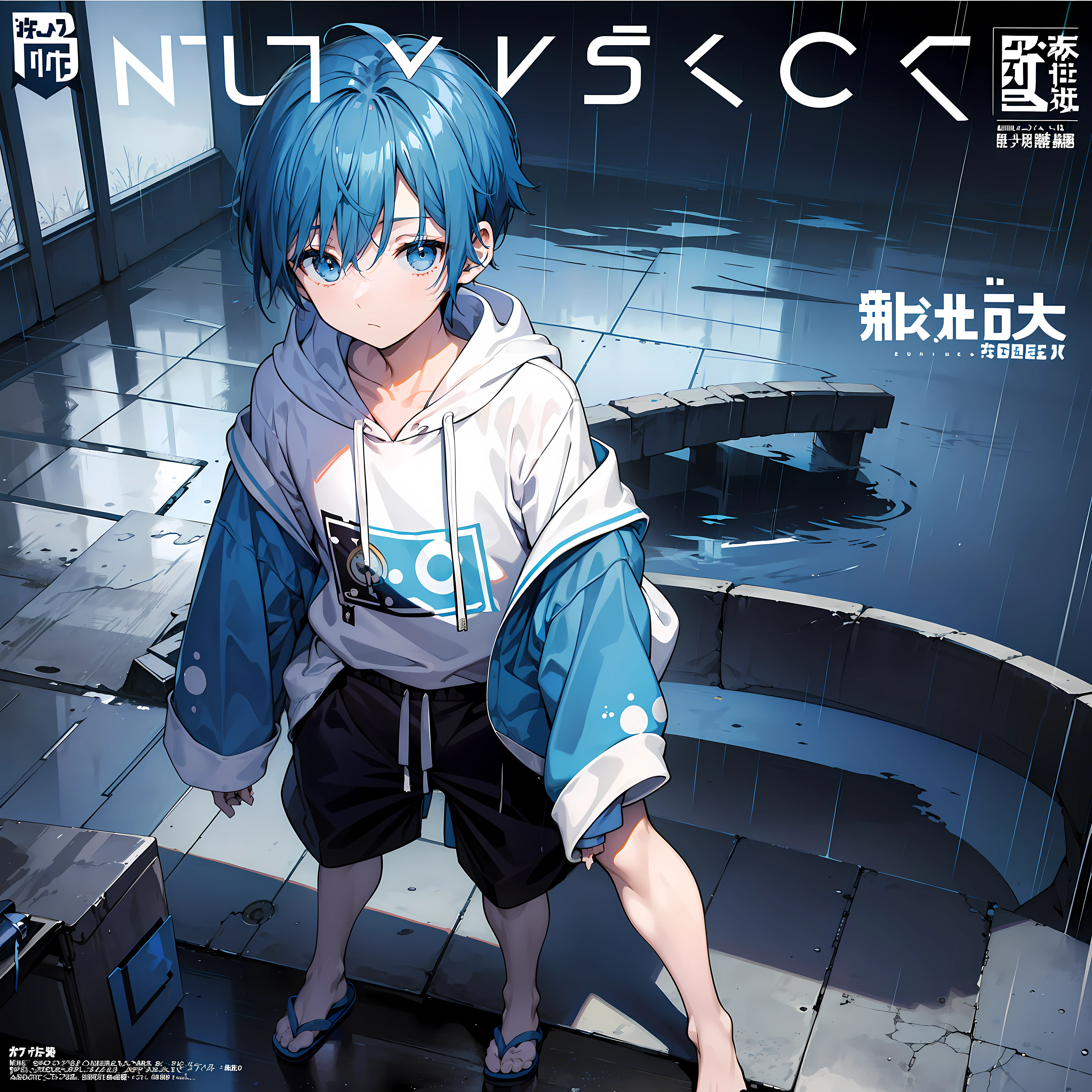 Anime character with blue hair standing on a ledge in the rain - SeaArt AI