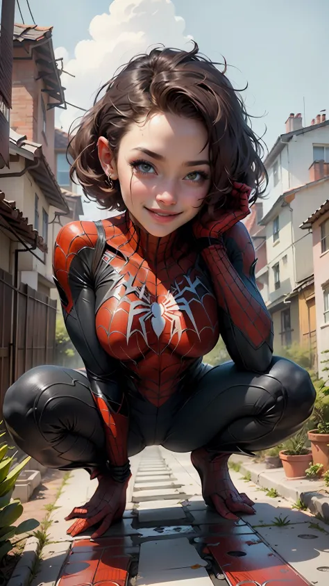 Beautiful woman detailed defined body using Spider-Man role-playing，small  breasts，smiled，exquisite facial features，with short hair，Squat on the roof of a tall building
