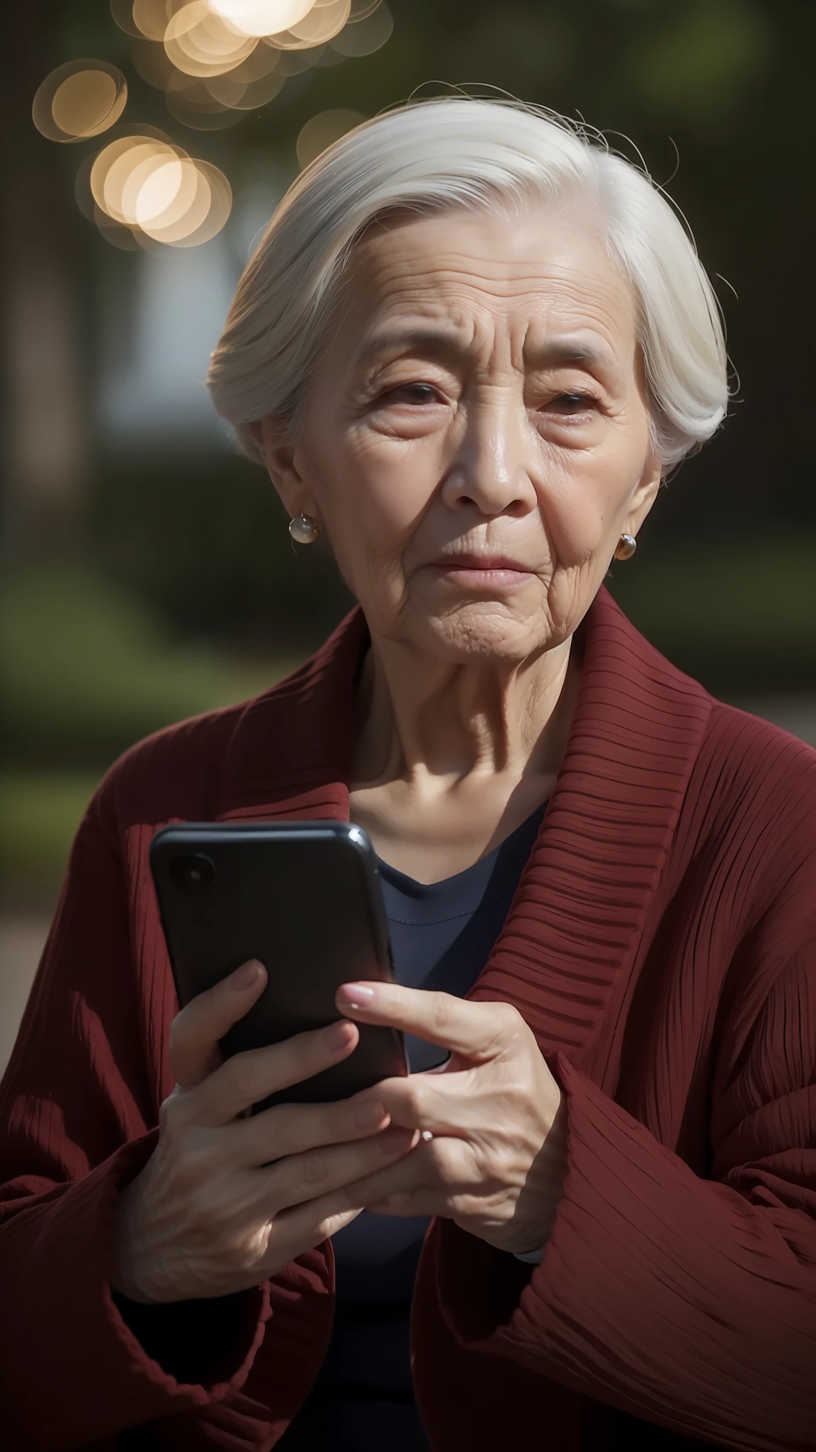 An older woman looking at her cell phone while sitting on a bench - SeaArt  AI