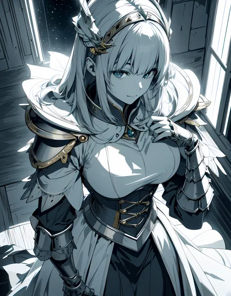 Palace, A high resolution, (巨作:1.4), A highly detailed, 1girll, From above, space, sitted, King Knight Armor, Sharp focus, (Cinematic lighting), (1girll), Slight smile，The 5 fingers of each hand are very detailed，